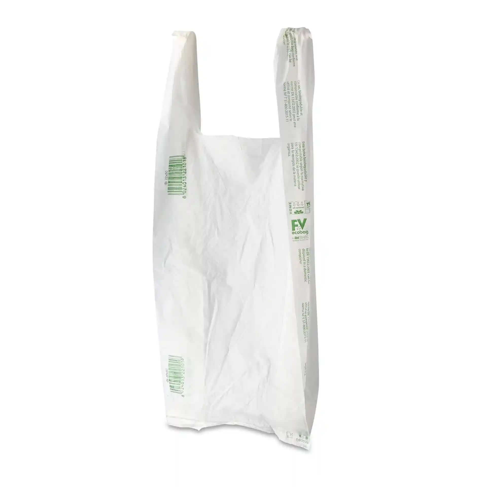 Weißer Plastikbeutel mit Griffen, Maße 22 x 13 x 50 cm, bedrucktes Design, geeignet zum Tragen von Gegenständen.