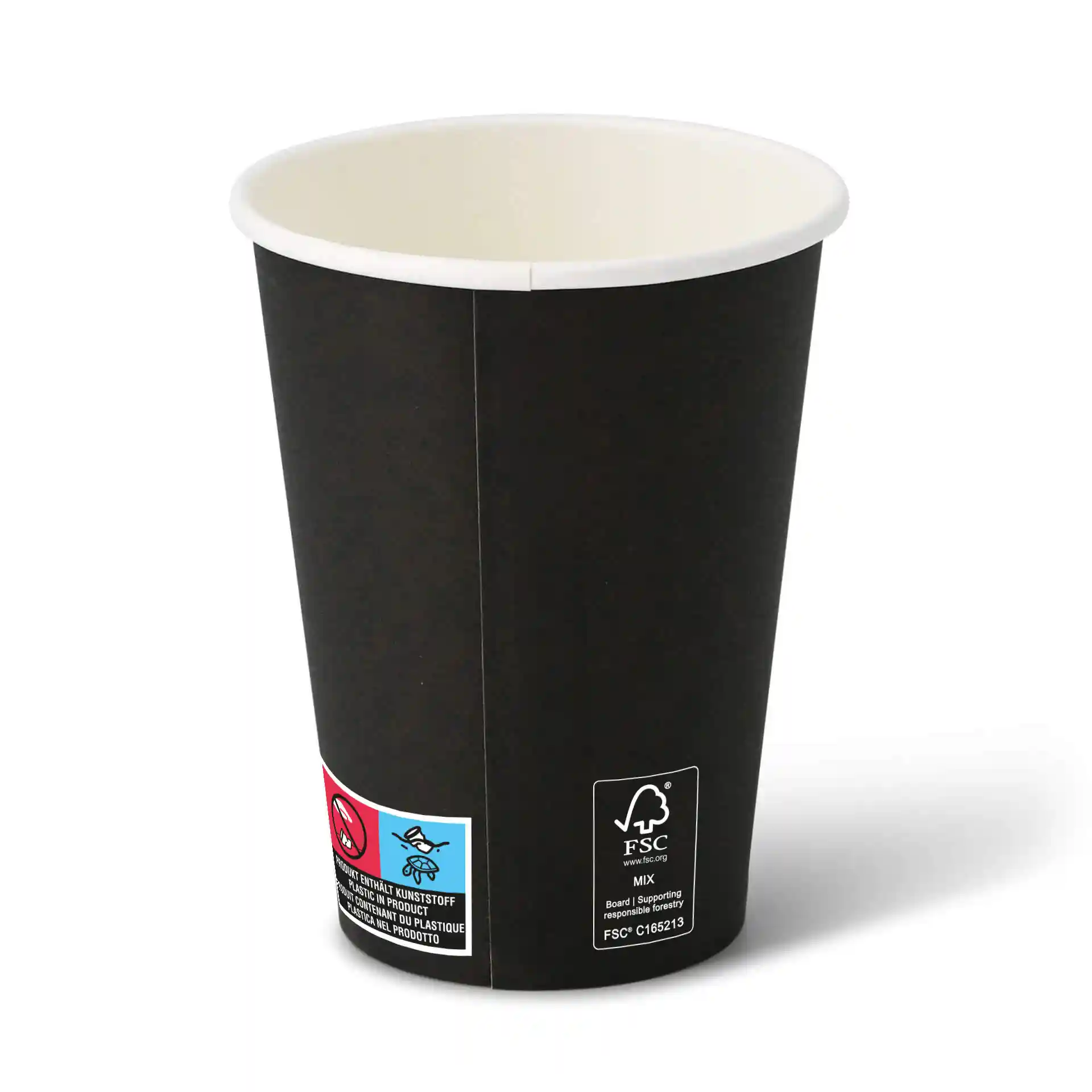 Schwarzer 12 oz Pappbecher mit runder Form und weißem Innenraum, mit verschiedenen Etiketten an der Seite.