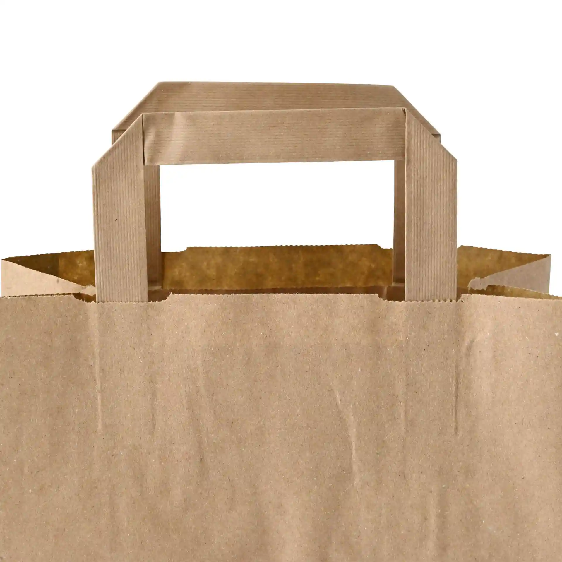 Brown paper carrier bag with a flat handle, showing the top and part of the body.
