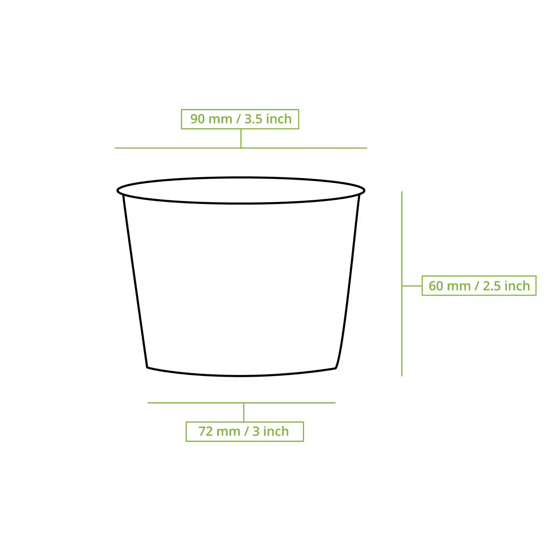 Schematic drawing of a round soup cup with dimensions: 90 mm top diameter, 72 mm bottom diameter, and 60 mm height.