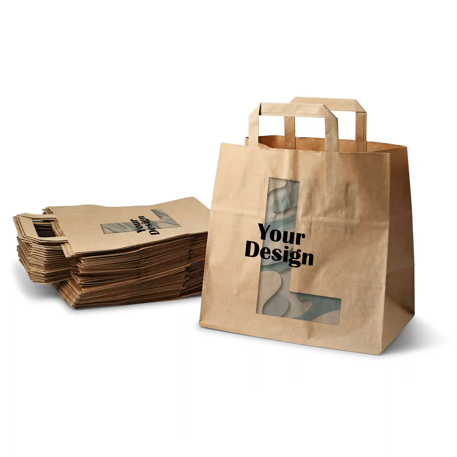 Braune Papiertasche in rechteckiger Form mit einem Designbereich und gestapelten Taschen im Hintergrund.