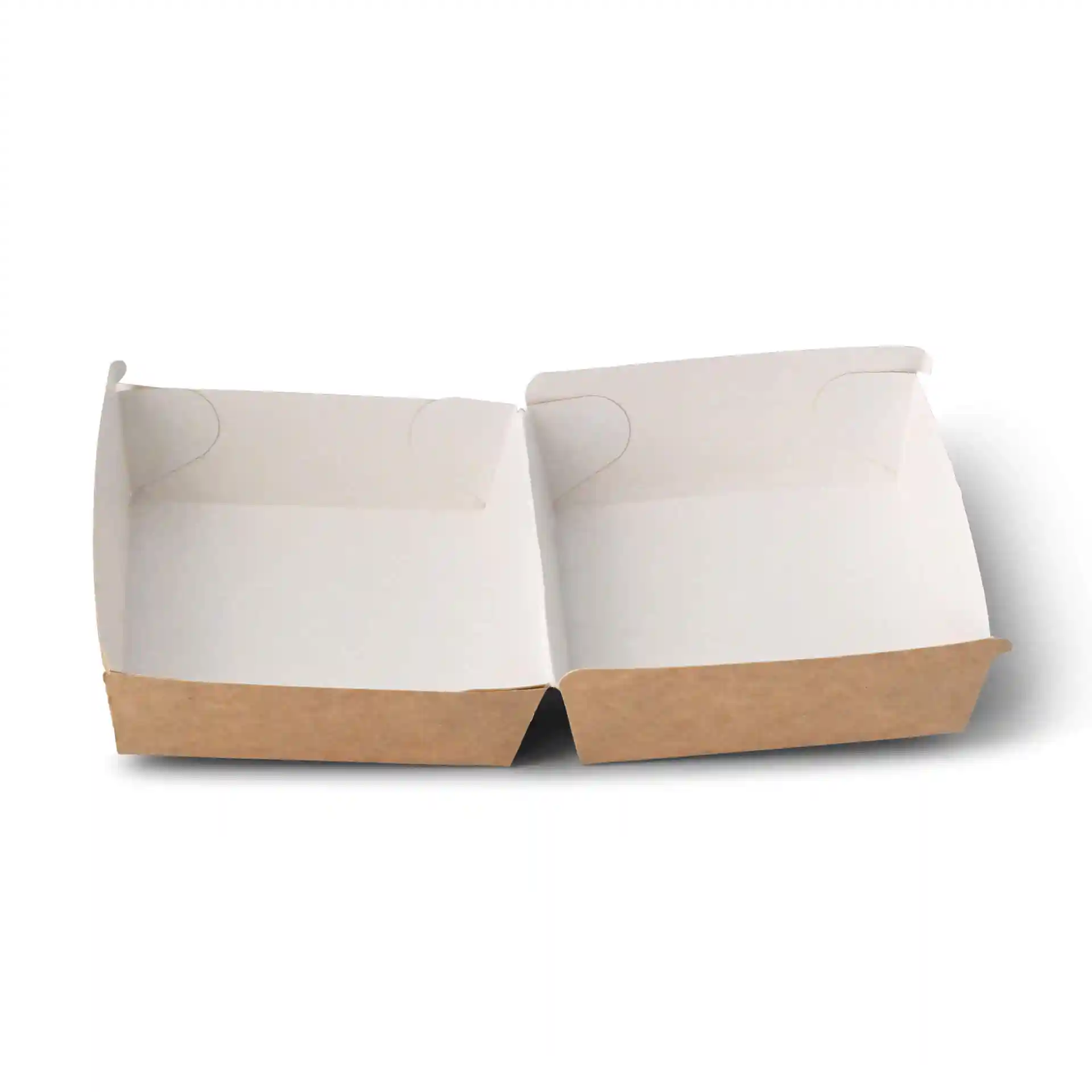 Rechteckige Takeaway-Burgerbox mit braunem Boden und weißem Innenraum, 11 x 11 x 8 cm groß.