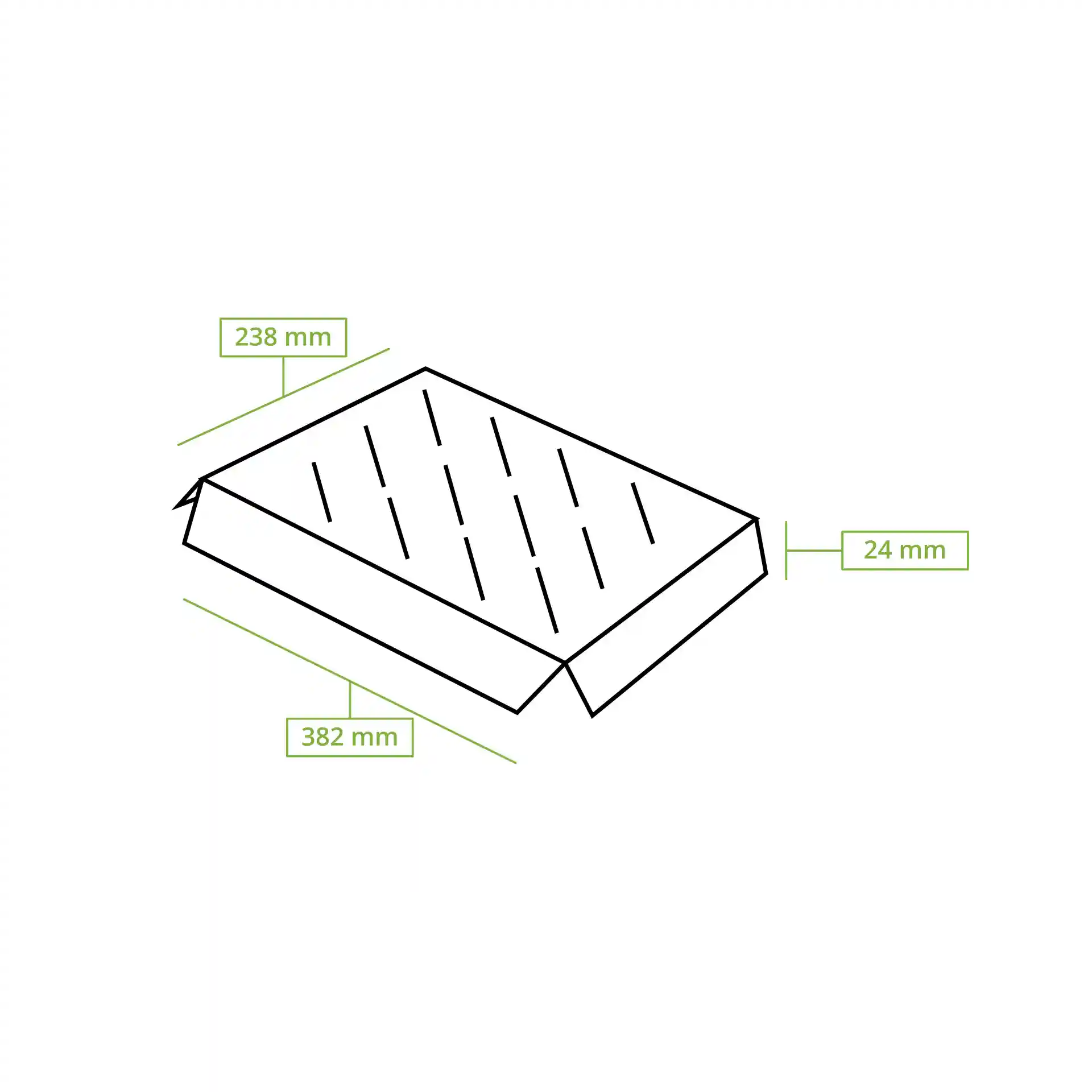 Schematic drawing of a cupcake box insert with dimensions 382 mm length, 238 mm width, and 24 mm height.