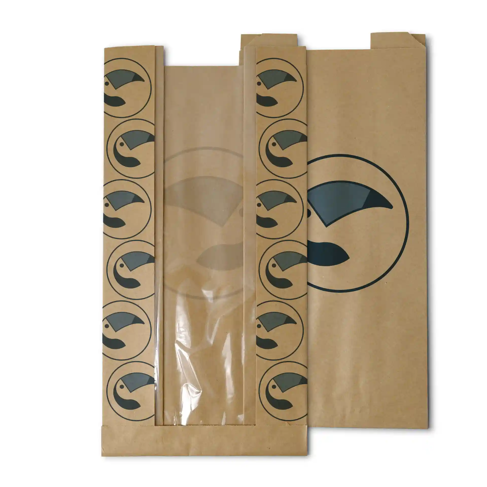 Brown printed paper bag with a transparent window, featuring circular bird designs, size L – 20 × 11 × 41 cm.