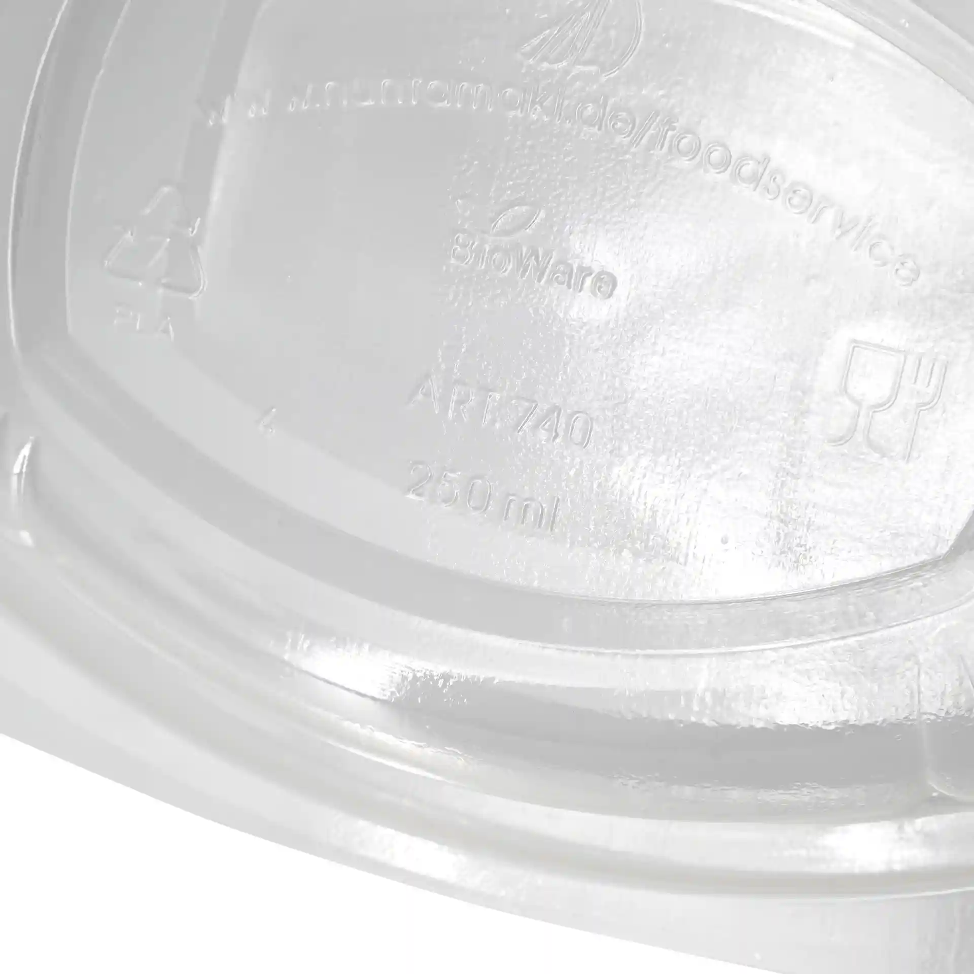 Transparent rectangular PLA deli bowl with a 250 ml capacity, showing markings on the bottom.