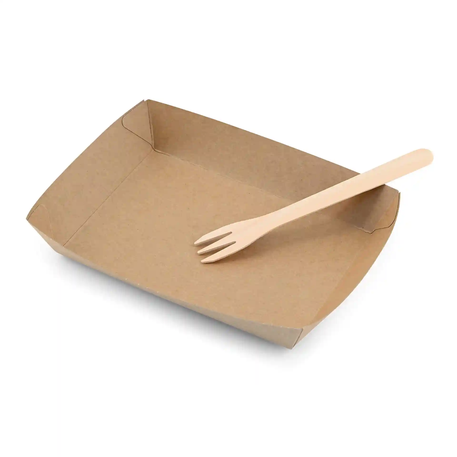 Brown cardboard tray with a wooden three-prong fork placed inside.