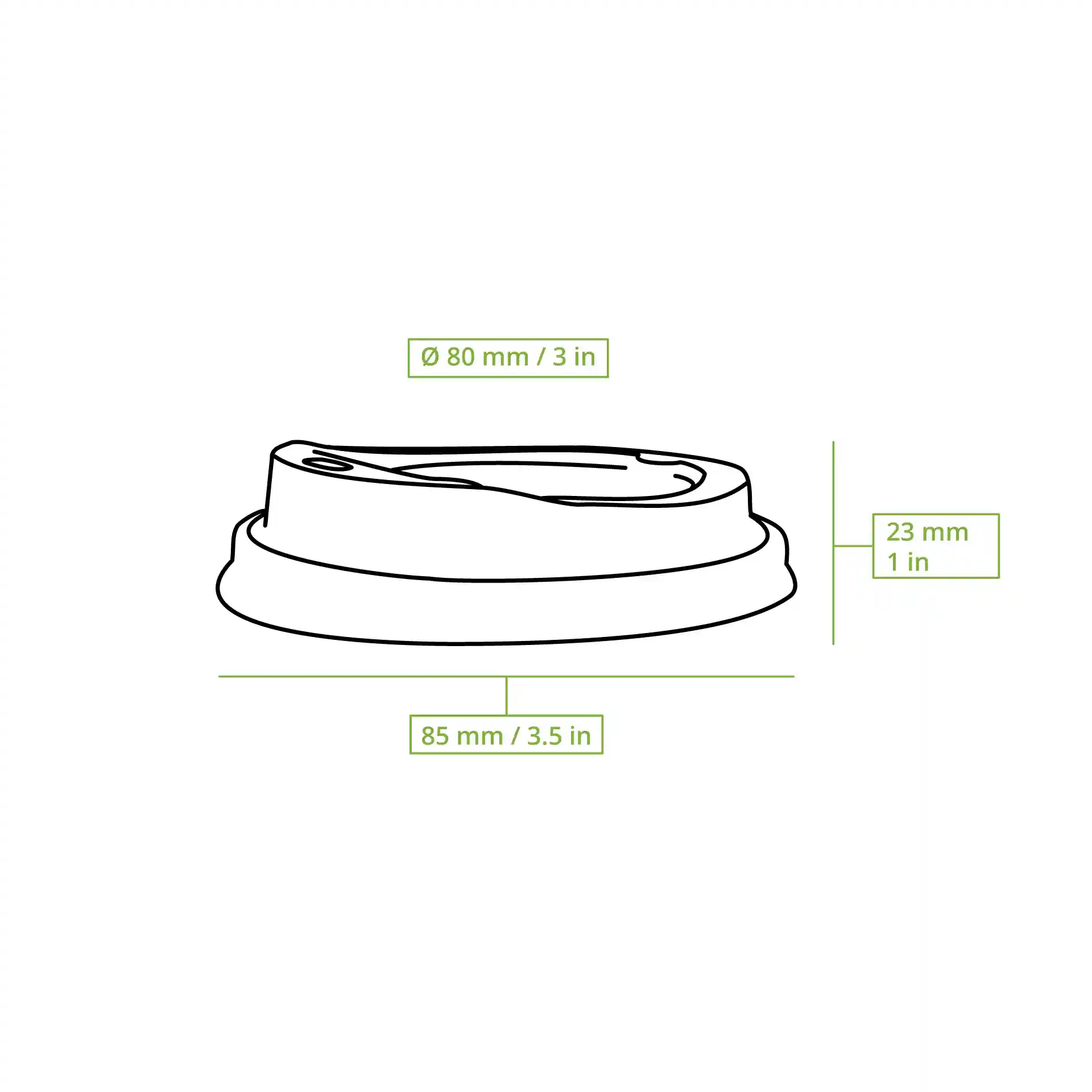 Schematic drawing of a white paper lid with a drinking opening, showing dimensions of 80 mm diameter and 23 mm height.