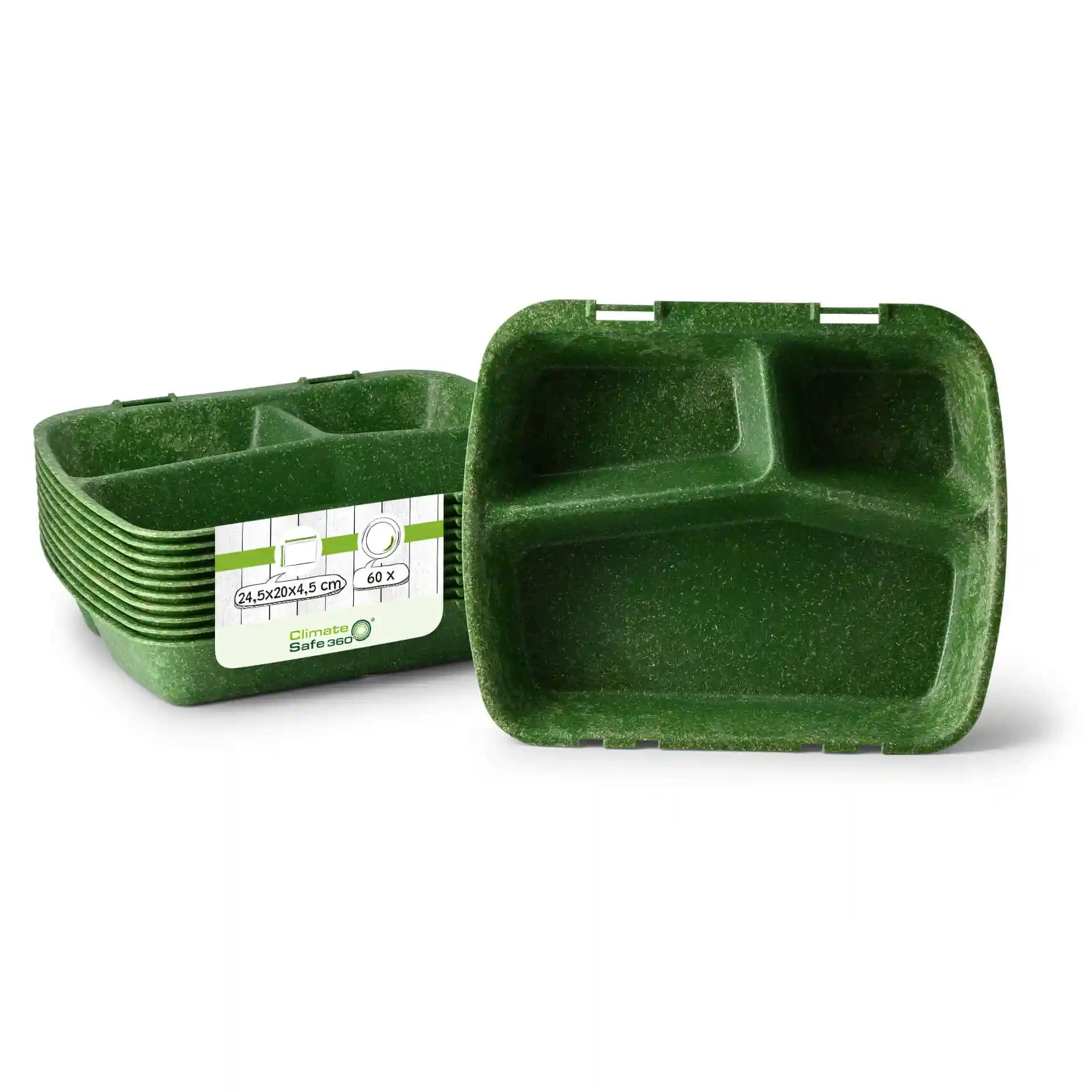 Stack of reusable green meal containers with three compartments, each measuring 24.5 x 20 x 4.5 cm.