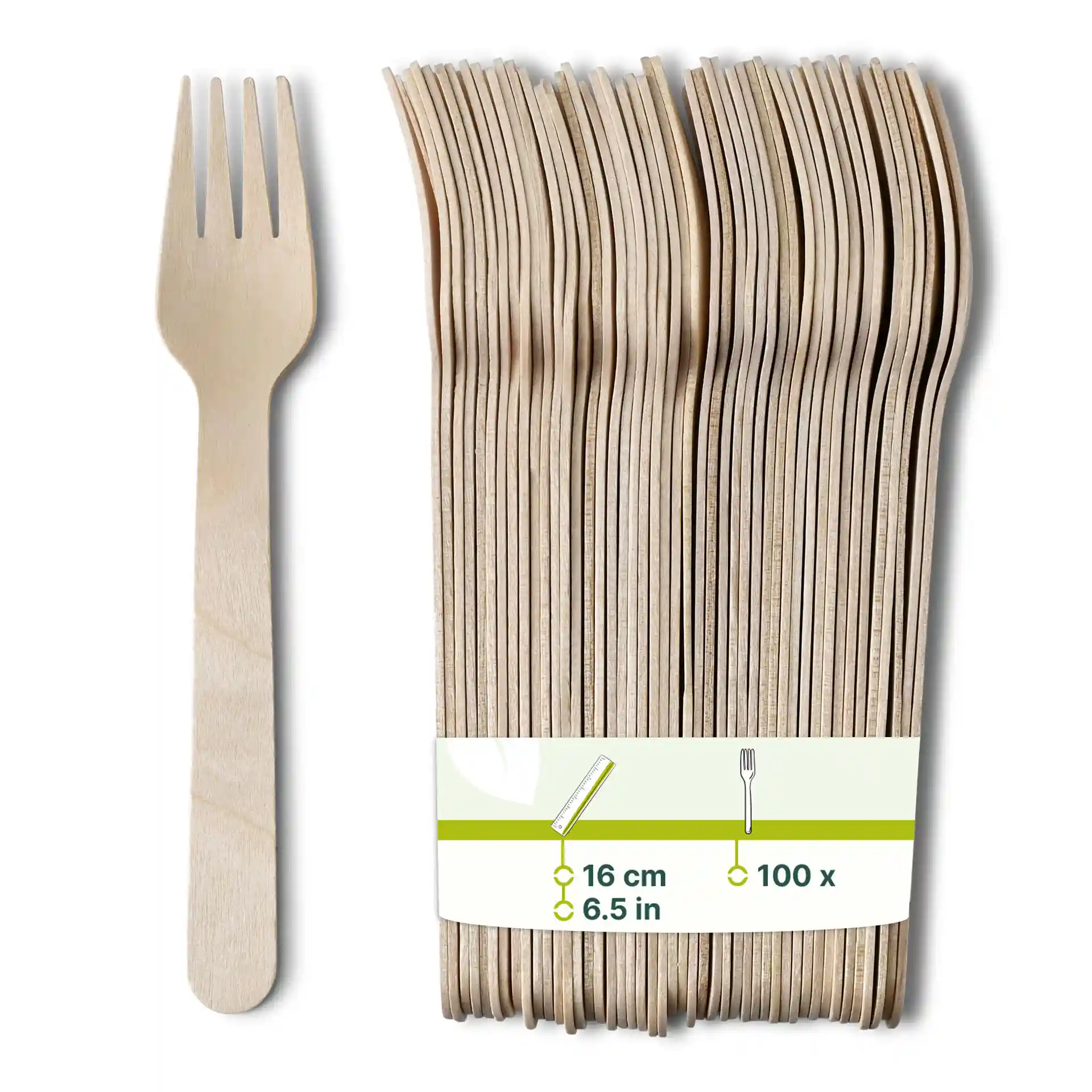 Wooden forks, 16 cm long, arranged in a stack with one fork displayed beside them.