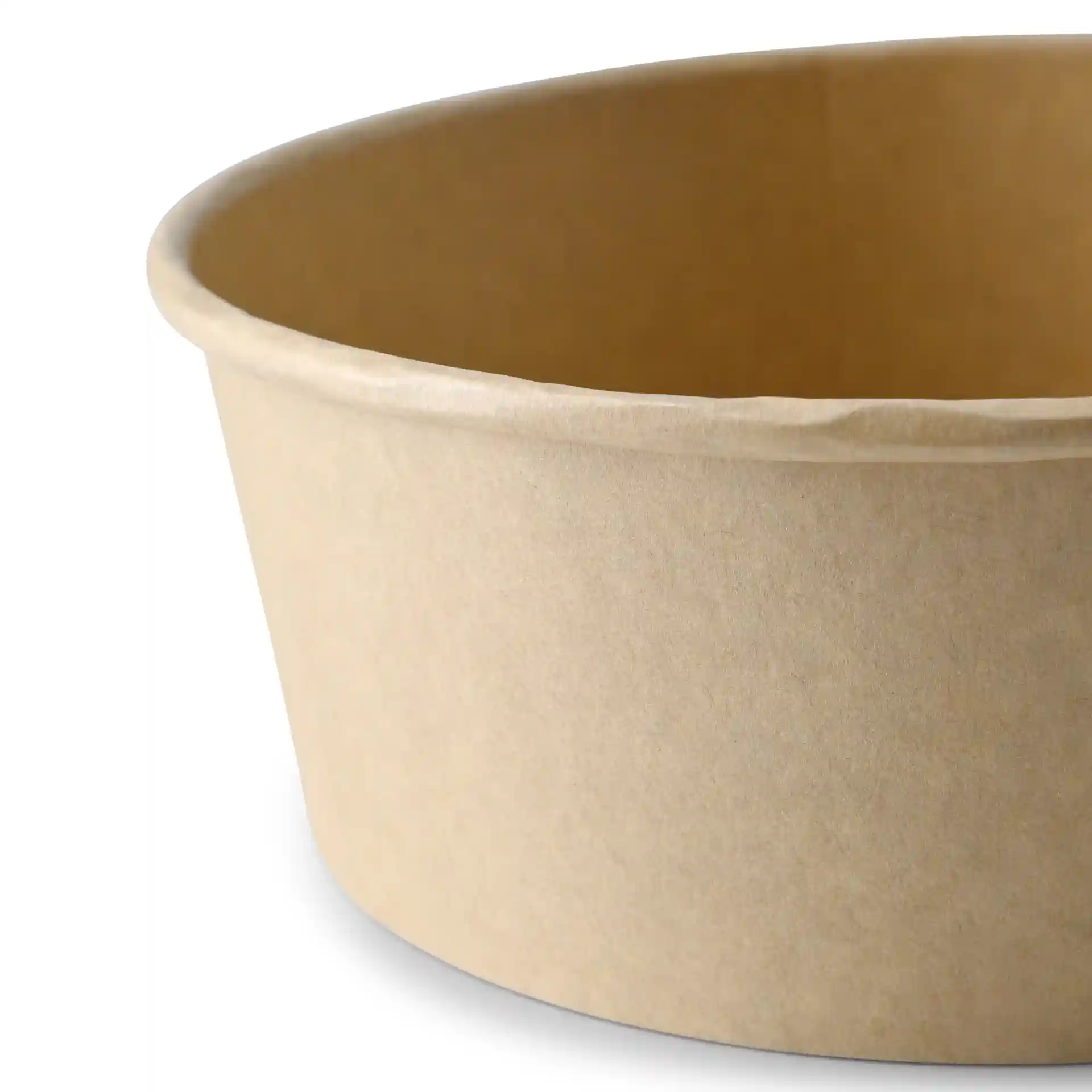 Brown cardboard bowl with a round shape, measuring 185 mm in diameter and 65 mm in height.