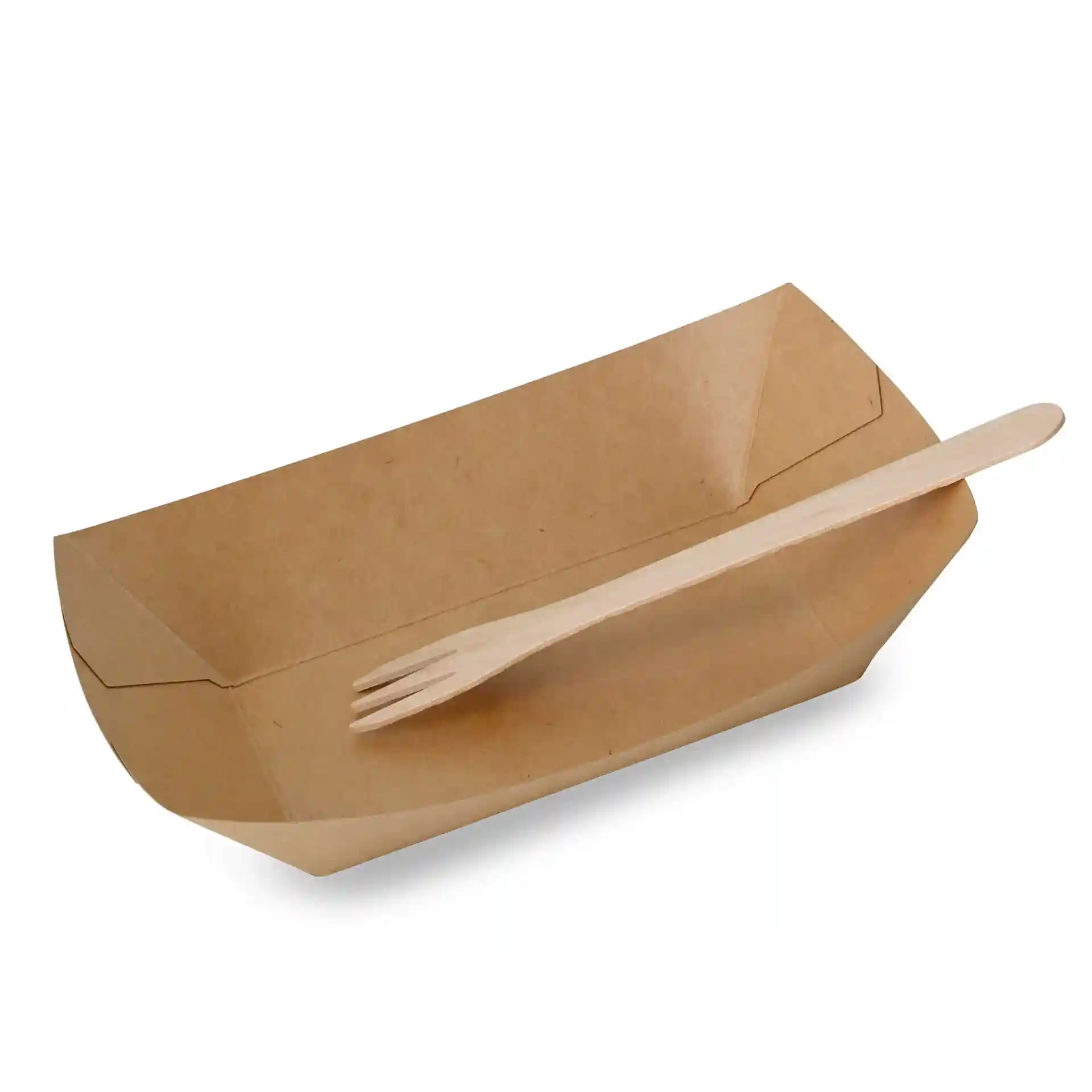 Braunes Papp-Snacktablett mit einer Holzgabel, Maße 19,5 x 14 x 4,5 cm.