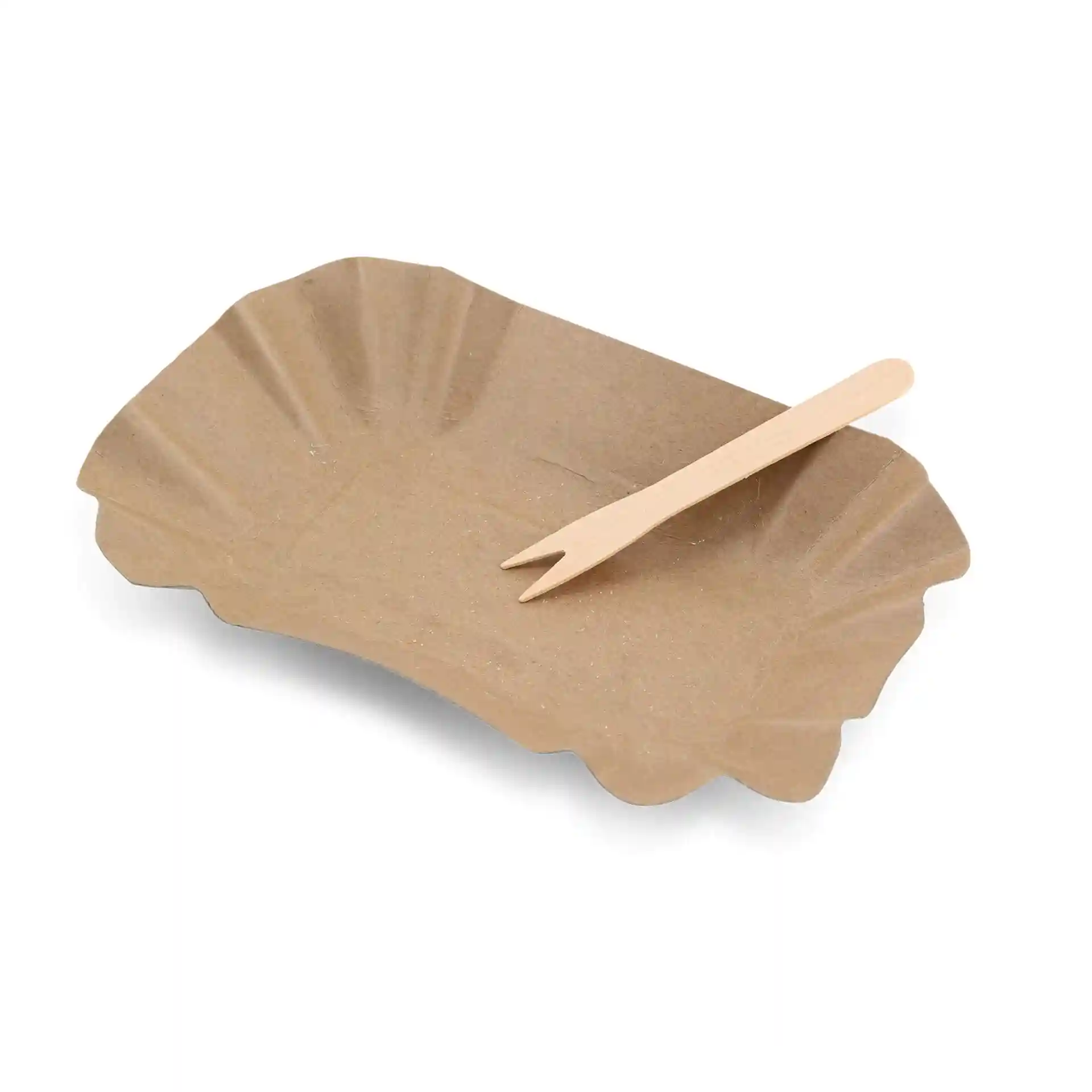 Brown paper tray with fluted edges and a wooden fork placed on top.