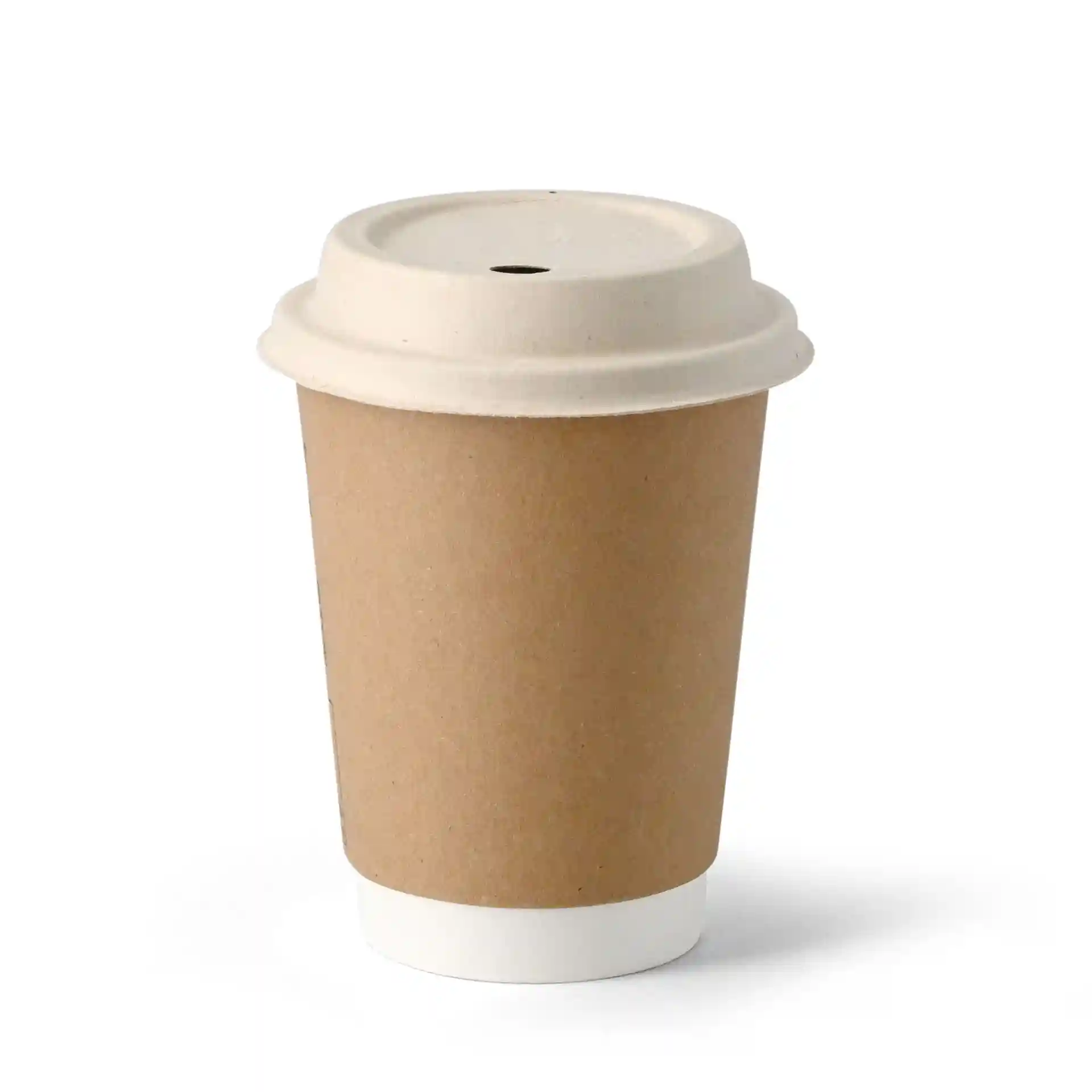 Brown paper cup with a white bottom and a beige lid, featuring a small opening on top.