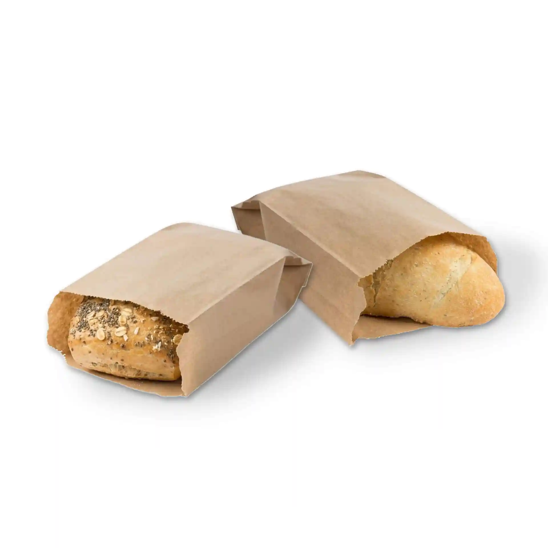 Brown flat paper bags containing two types of bread, one with seeds and the other plain, on a white background.