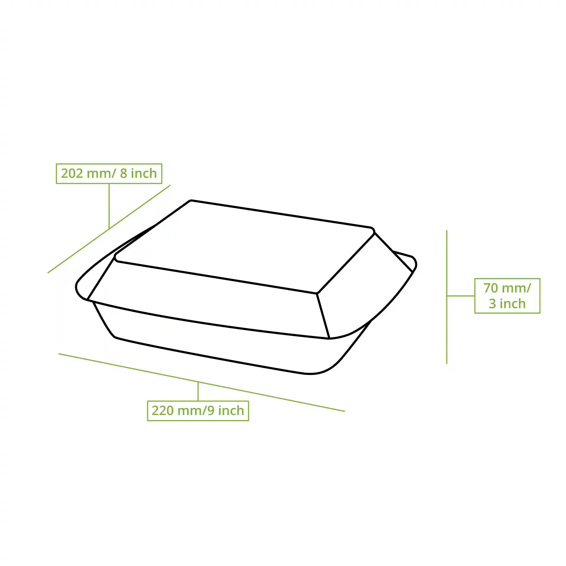 Schematic drawing of a rectangular hinged-lid container with dimensions 202 mm by 220 mm by 70 mm.