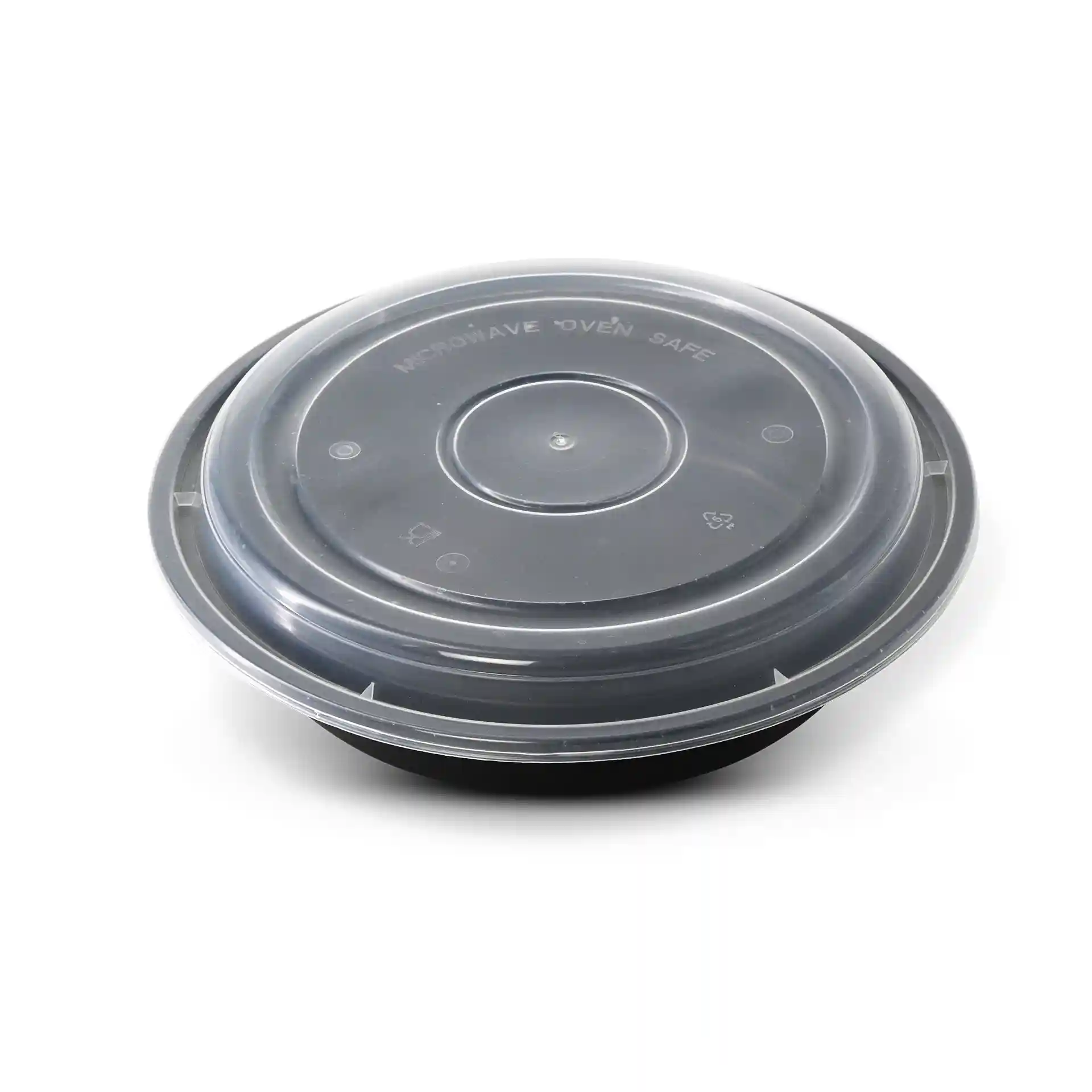 Transparenter runder wiederverwendbarer Deckel aus Polypropylen, mit einem Durchmesser von 215 mm und einer Höhe von 17 mm.
