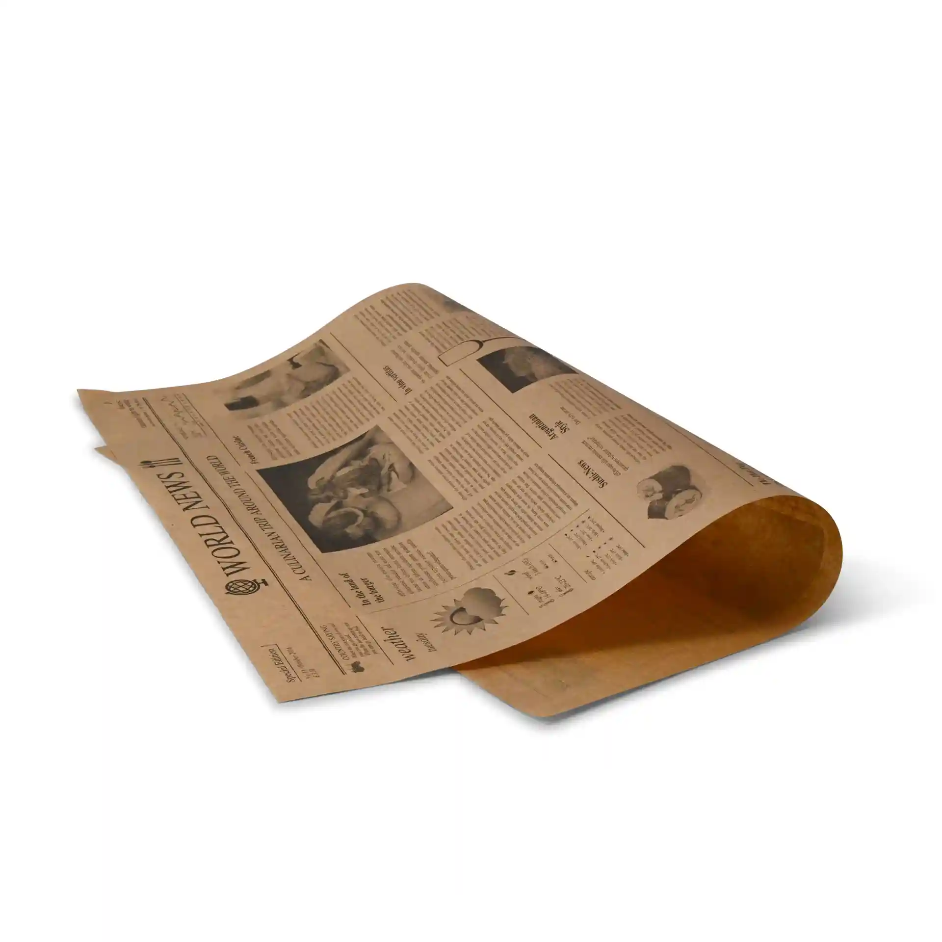 Printed greaseproof paper with a newspaper design, measuring 50 x 37.5 cm, laid flat on a white background.