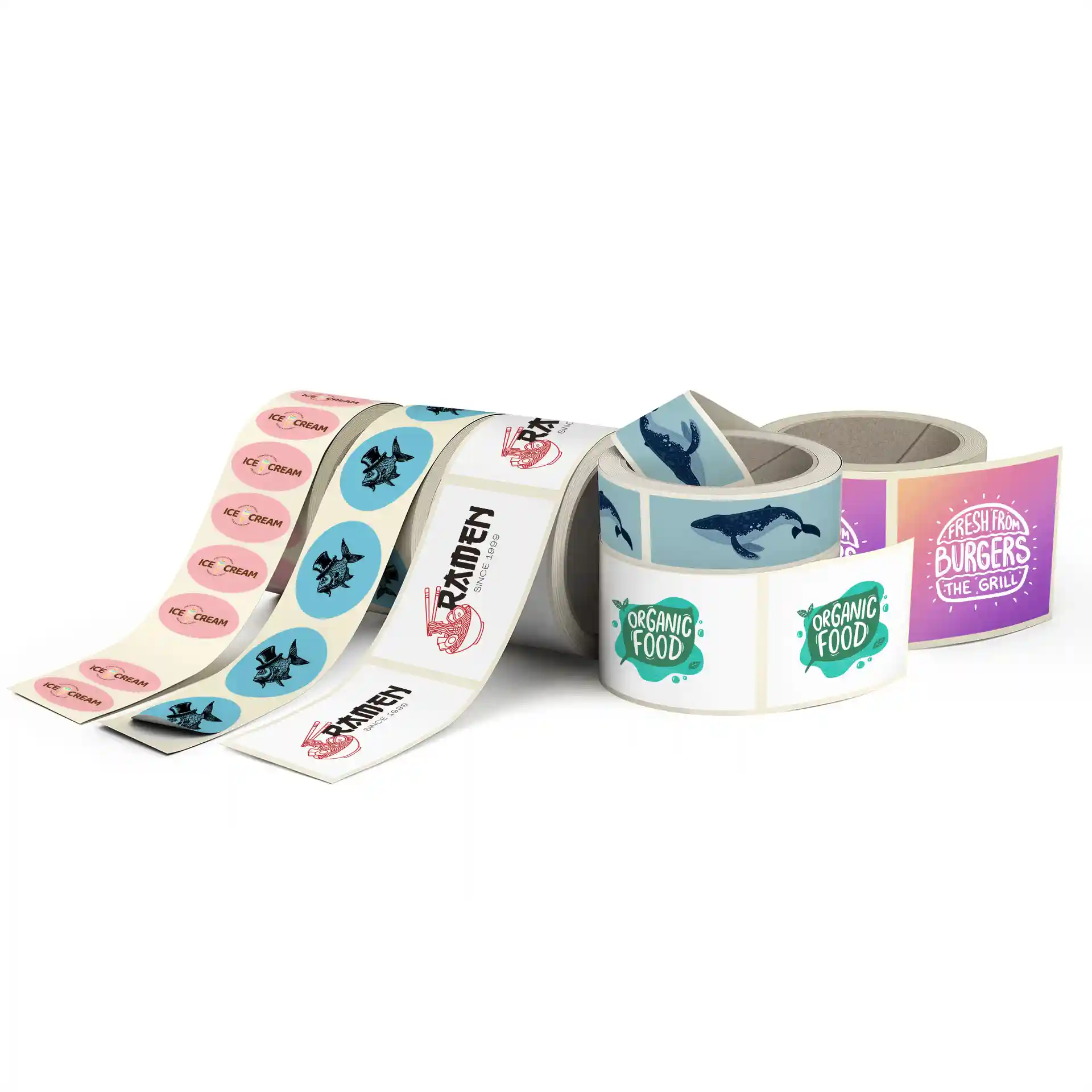 Roll of printed labels on white glossy adhesive paper, featuring various designs and colors.