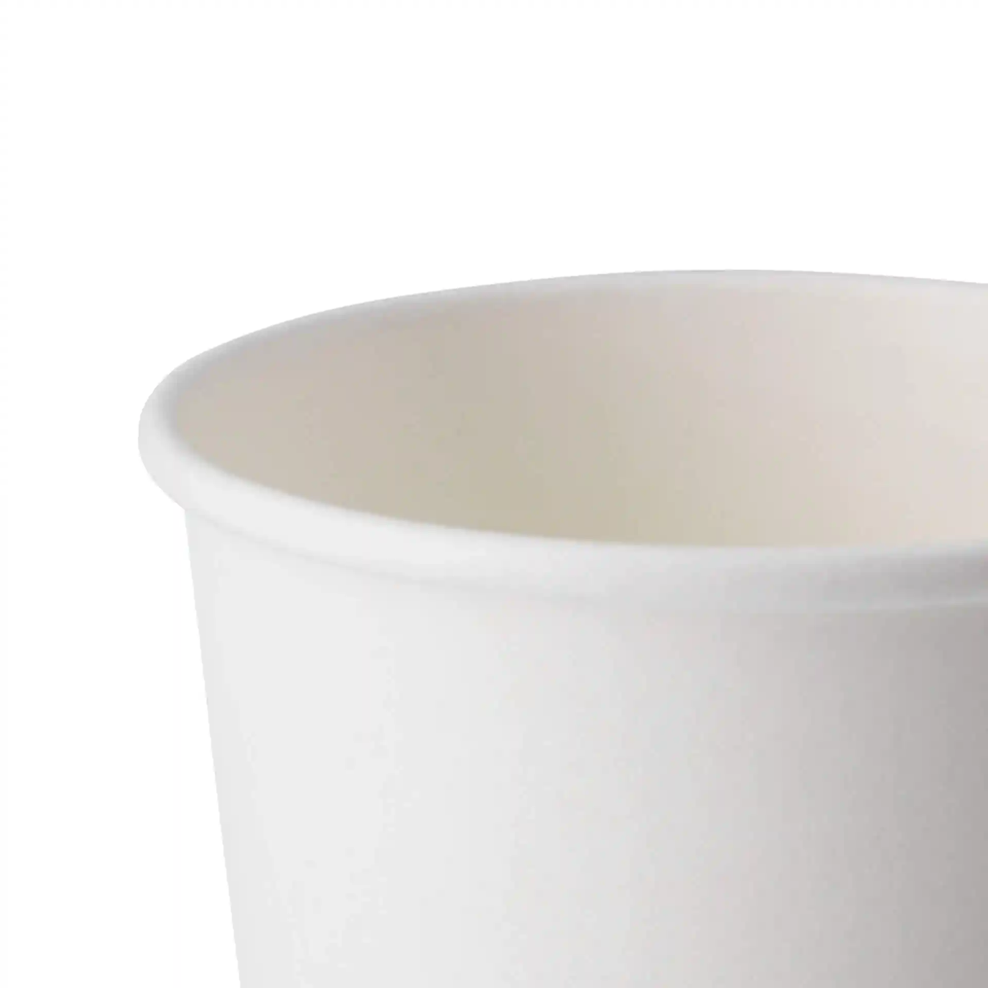 White cardboard soup cup with a round shape, showing the inner rim and part of the exterior.