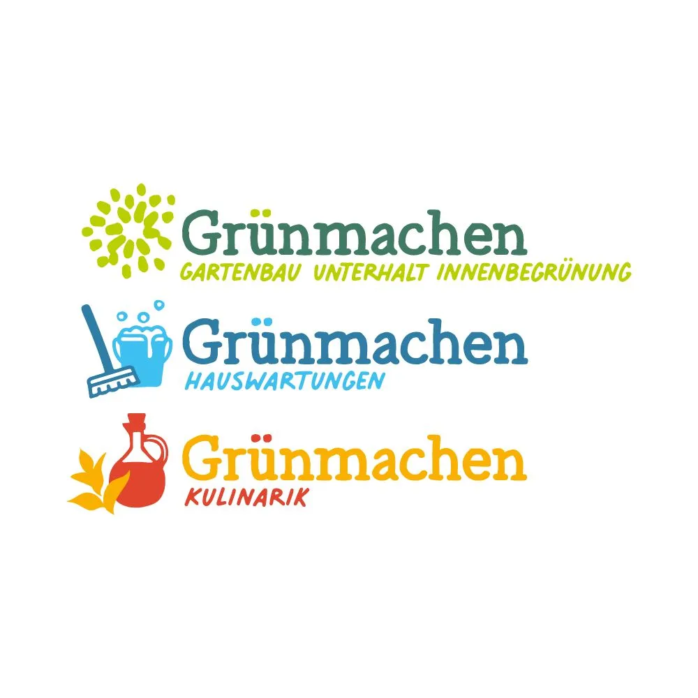 Three logos for "Grünmachen" services: Gartenbau, Hauswartungen, and Kulinarik, each with distinct icons and colors.