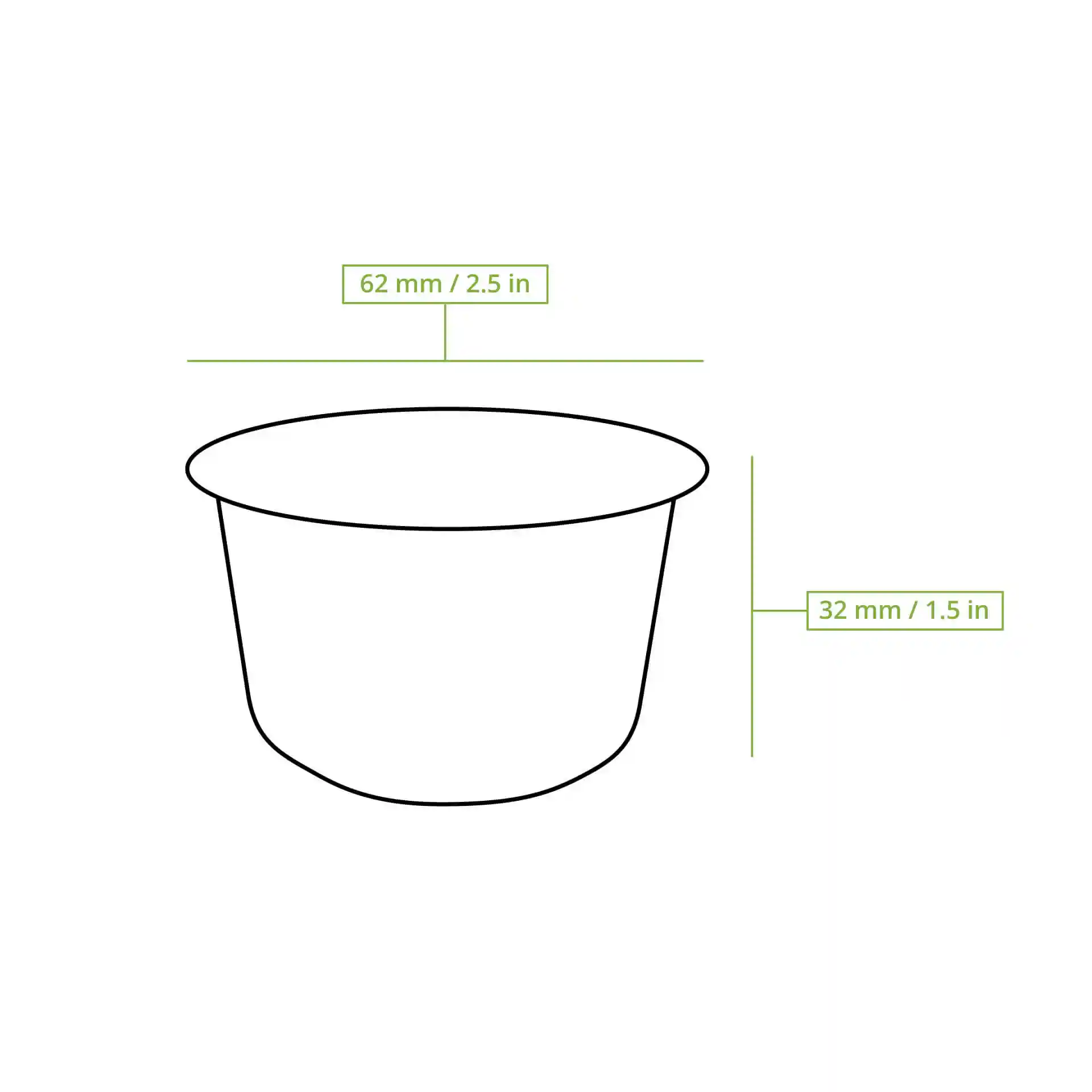 Schematic drawing of a bagasse dip bowl with dimensions of 62 mm diameter and 32 mm height.