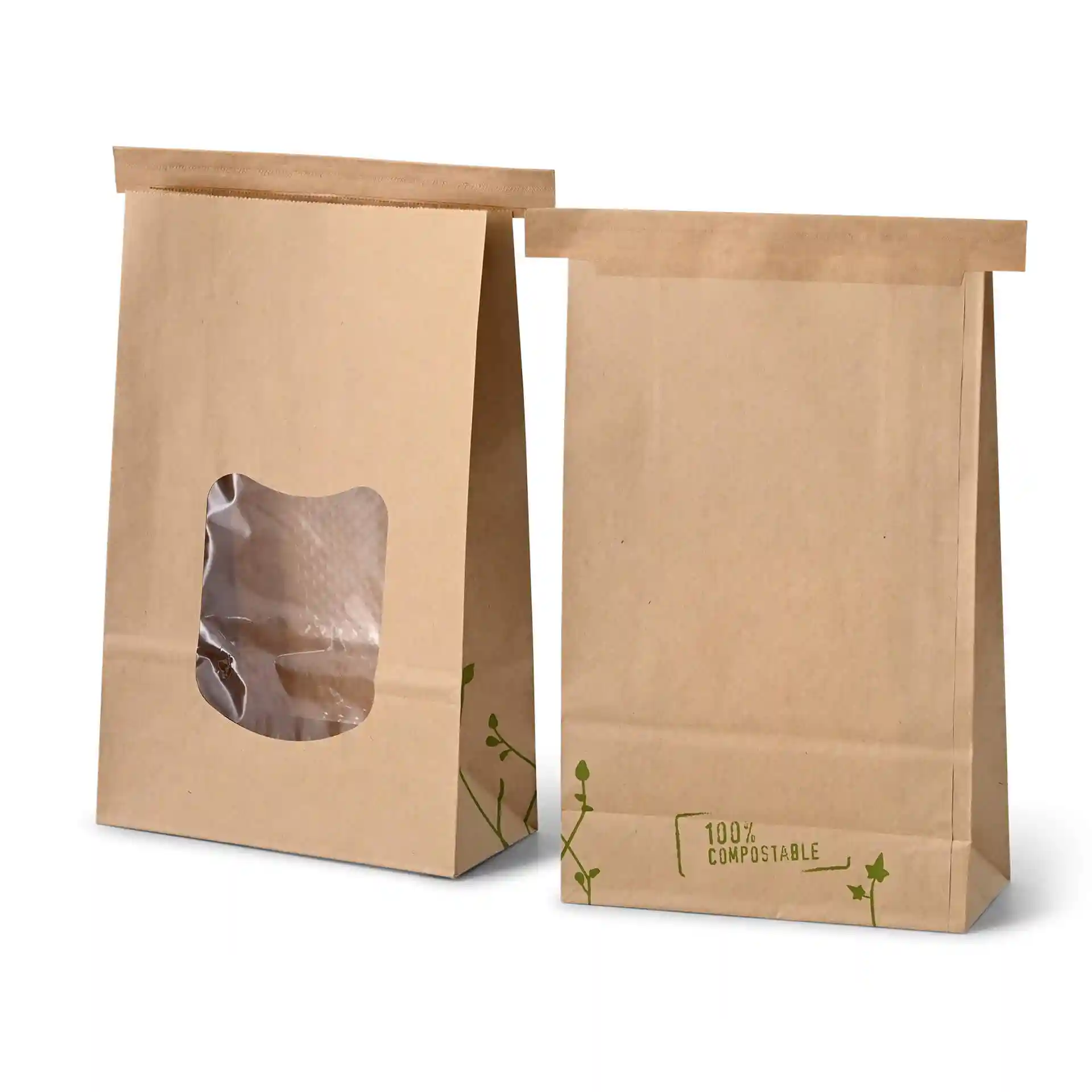 Brown block bottom bags with a transparent window, measuring 15.5 x 7 x 24.2 cm, made of kraft paper.