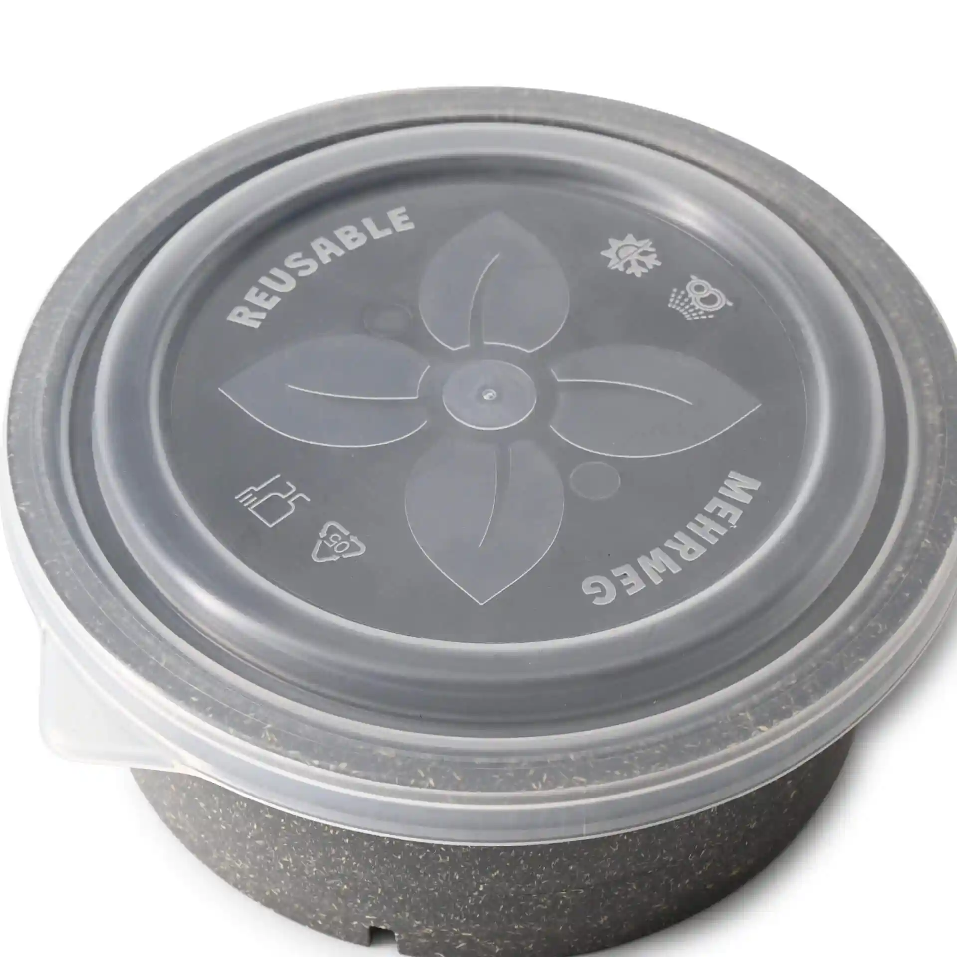 Transparent reusable lid for a round bowl, featuring a floral design and various symbols on top.