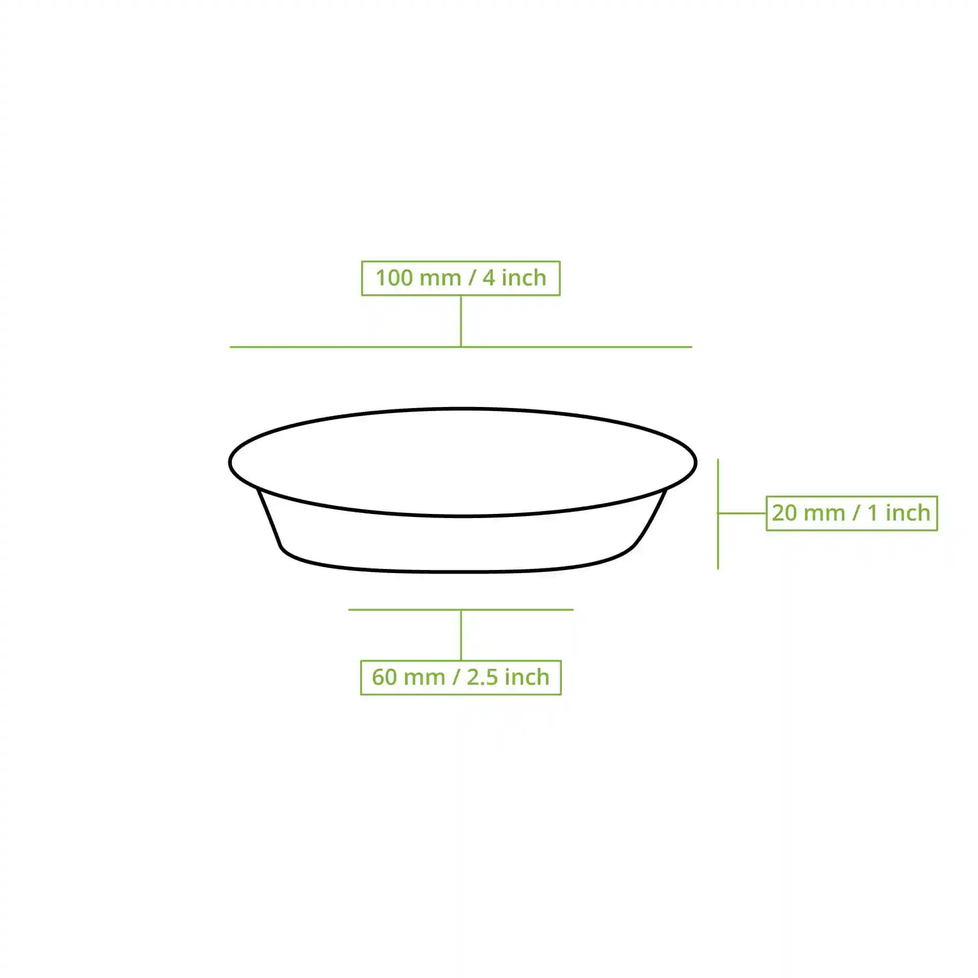 Schematic drawing of a round palm leaf bowl with dimensions: 100 mm diameter, 20 mm height, and 60 mm bottom diameter.