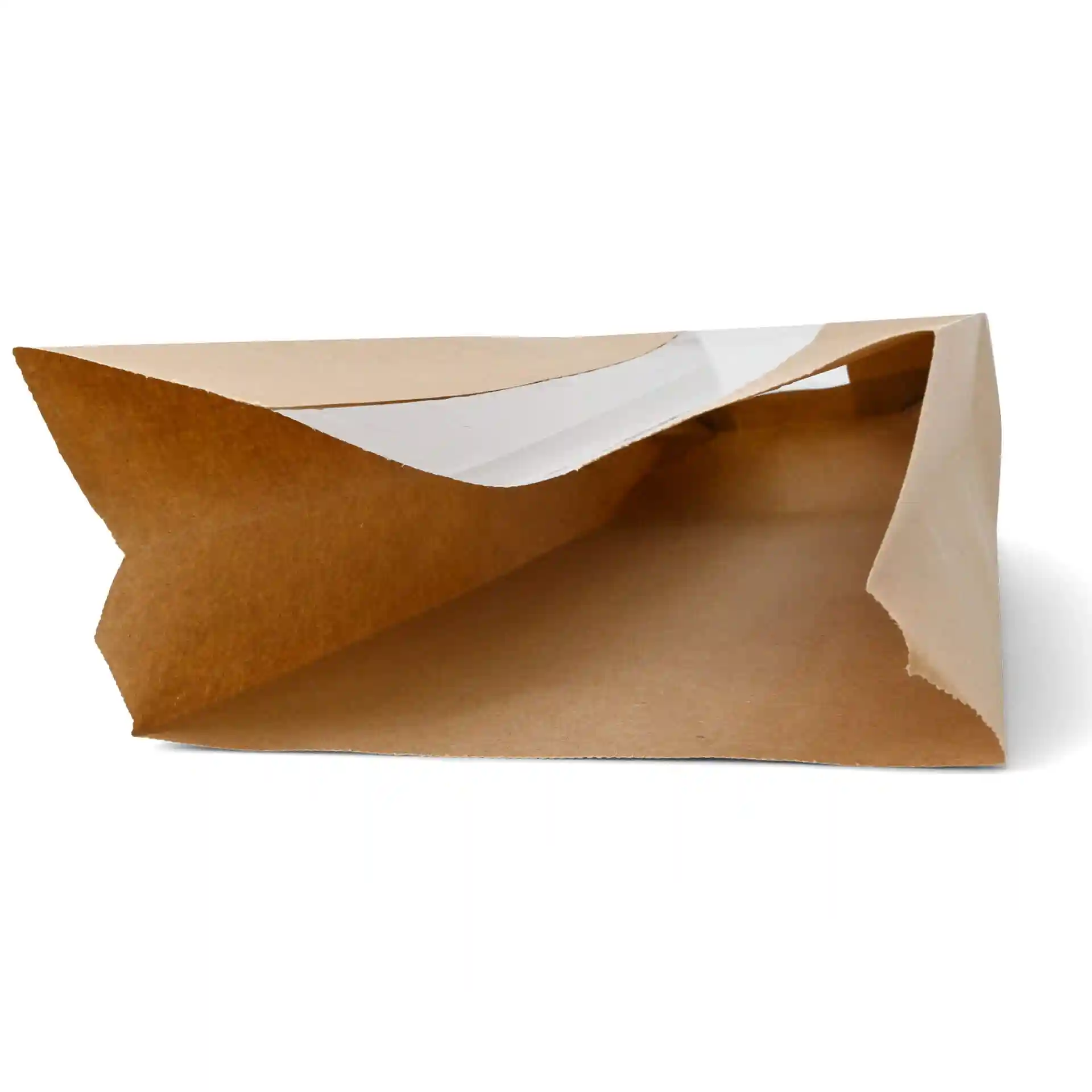 Brown flat paper bread bag with a transparent window, measuring 14 x 7 x 41 cm.