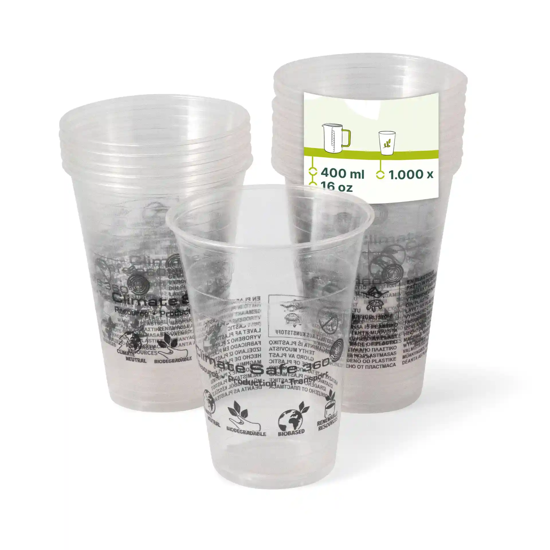 Transparente 16 oz PLA Smoothie-Becher gestapelt, ein Becher zeigt ein Etikett mit 400 ml Kapazität.
