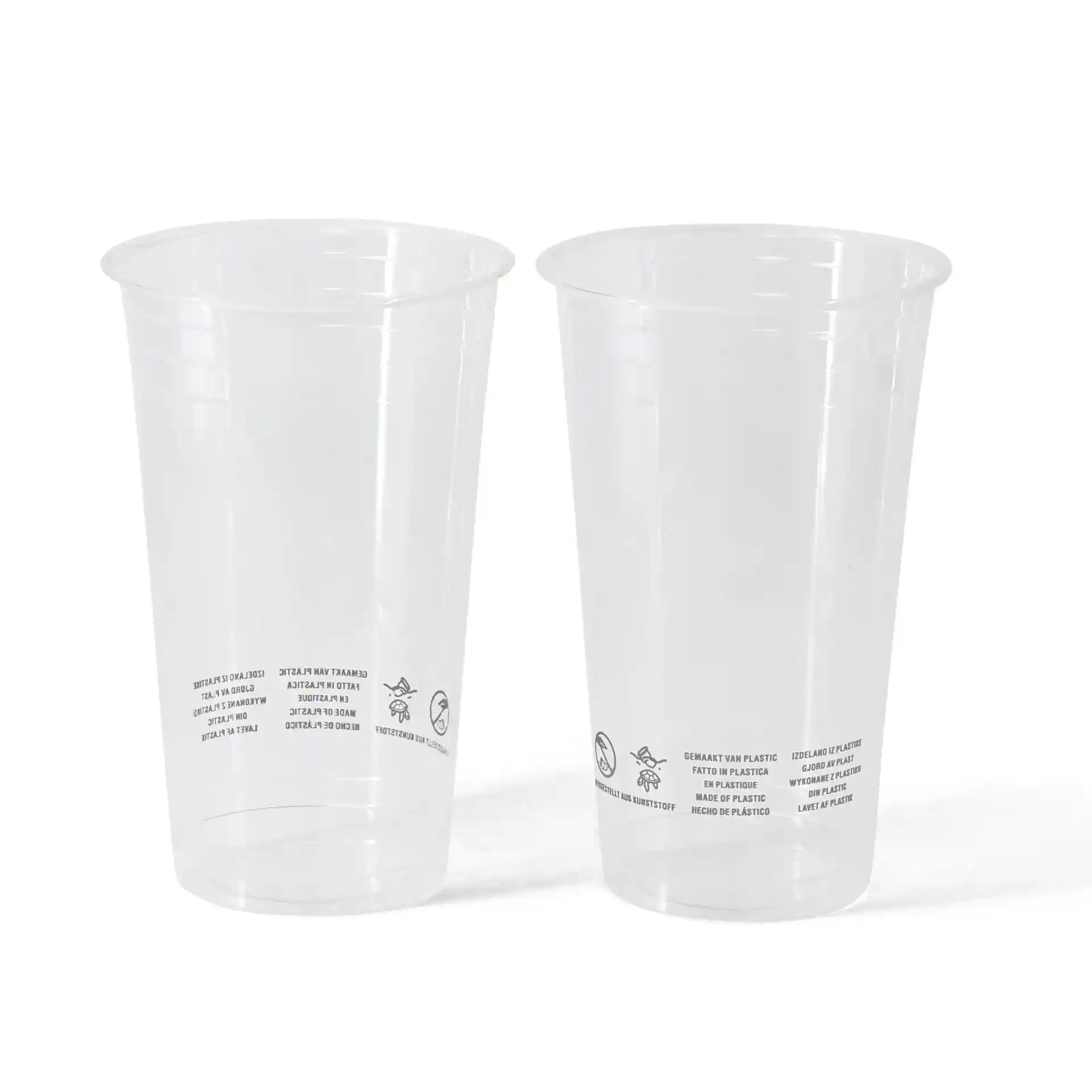 Clear PLA plastic cups, 500 ml capacity, with visible markings on the side, two cups shown.