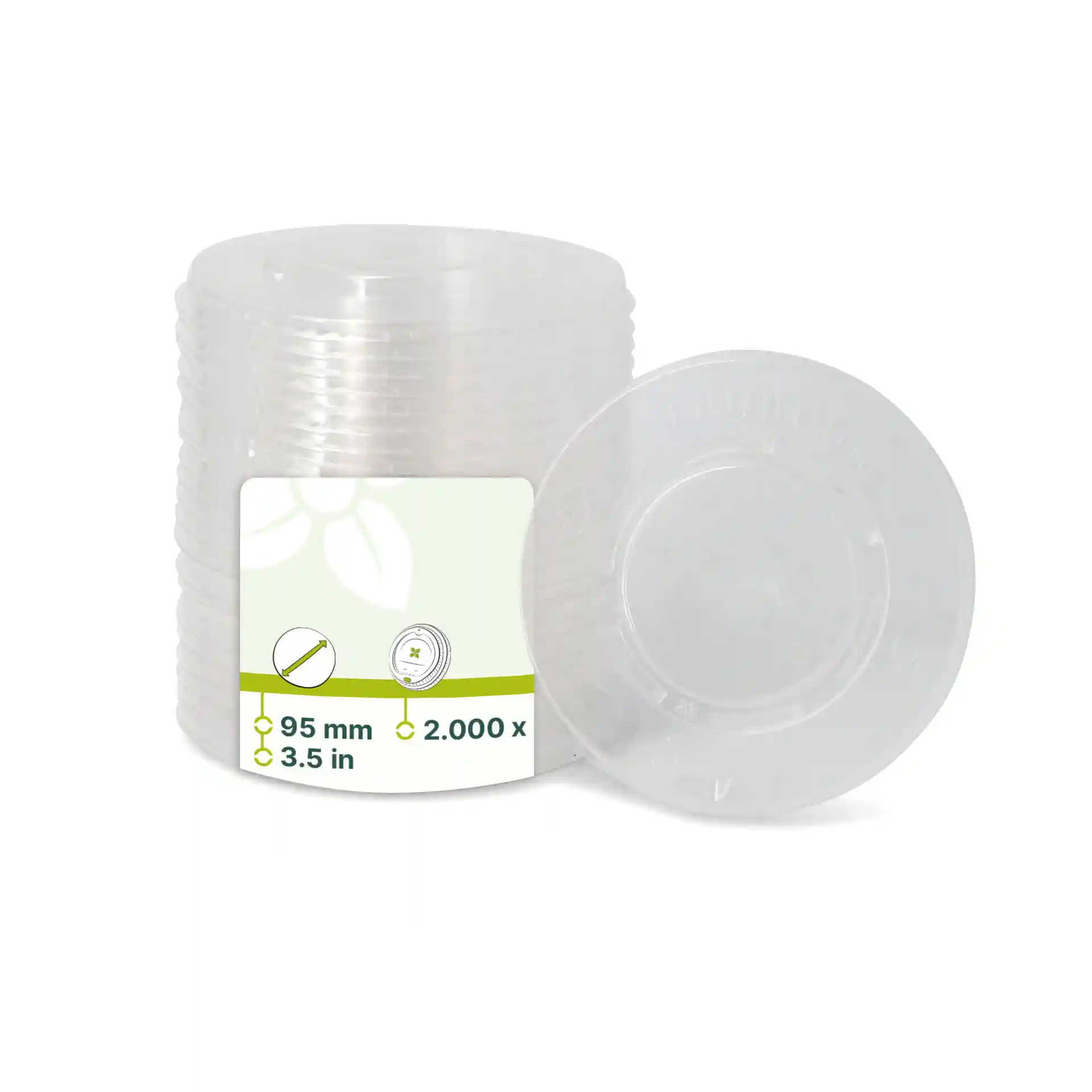 Transparent rPET flat lids with a diameter of 95 mm, shown stacked with one lid in front.