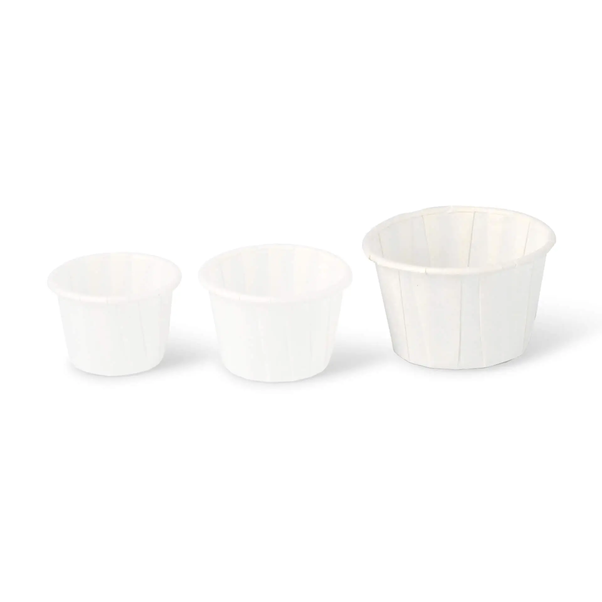 White paper cups in three sizes, ideal for dips, sauces, or small portions, made from biodegradable material.