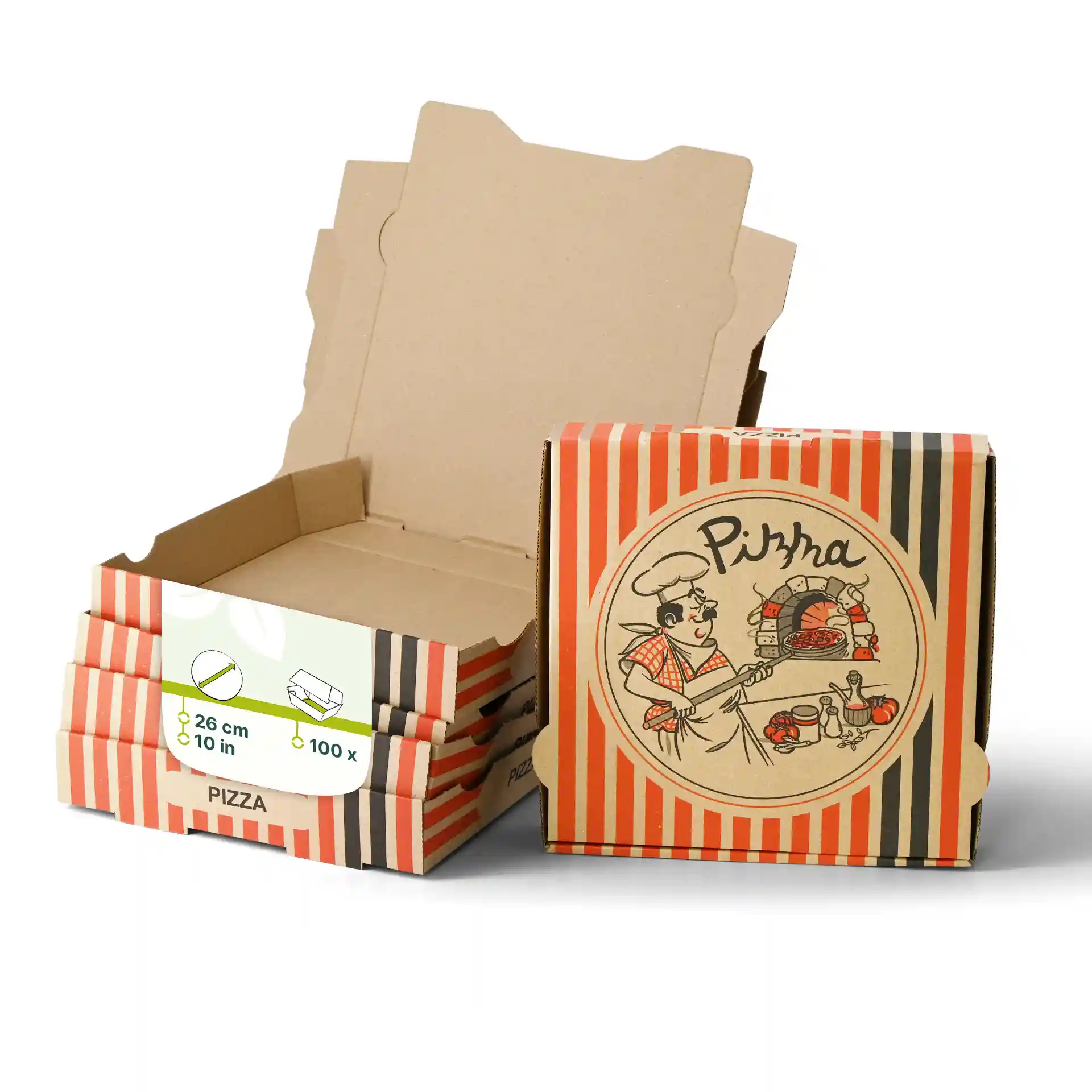 Braune Pizzaschachtel mit einem Pizzakoch-Design, 26 x 26 x 4 cm, mit mehreren gestapelten Schachteln im Hintergrund.