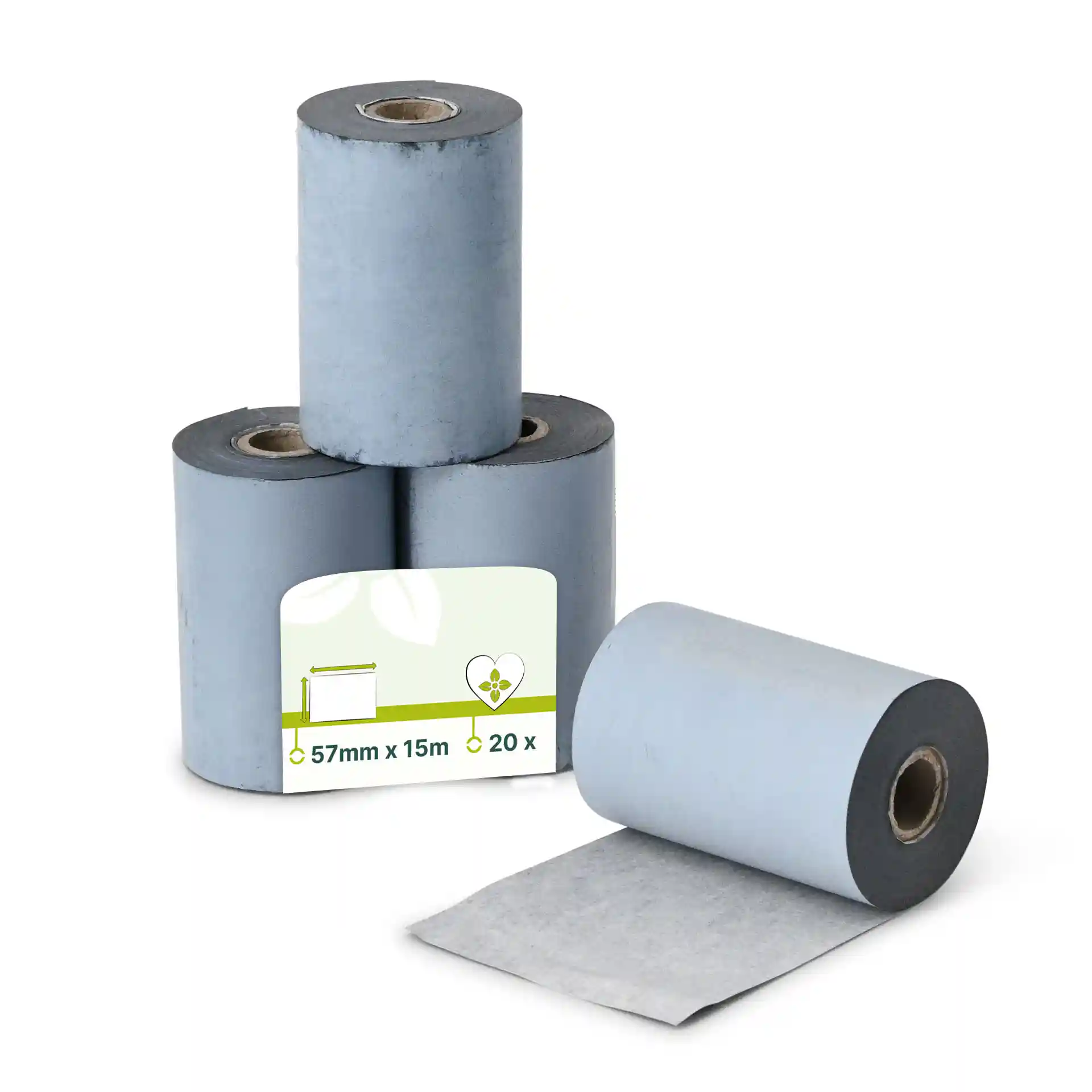 Three grey thermal paper rolls, each 57 mm wide and 15 m long, with one roll partially unwrapped.