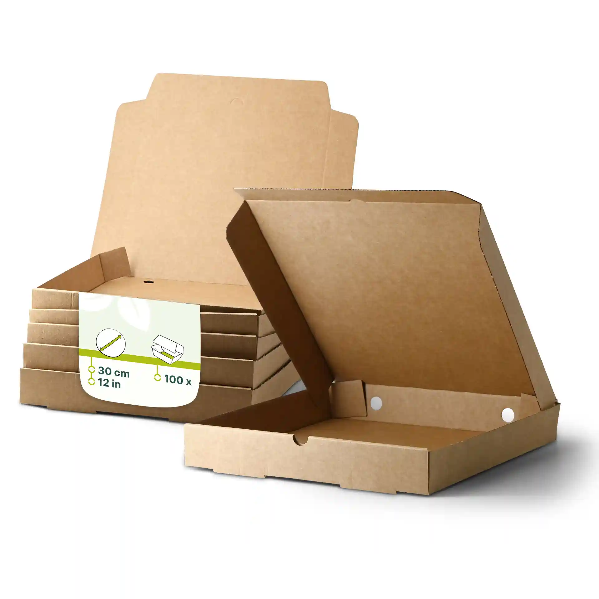 Brown cardboard pizza boxes stacked with one open, showing square shape and dimensions of 30 cm.