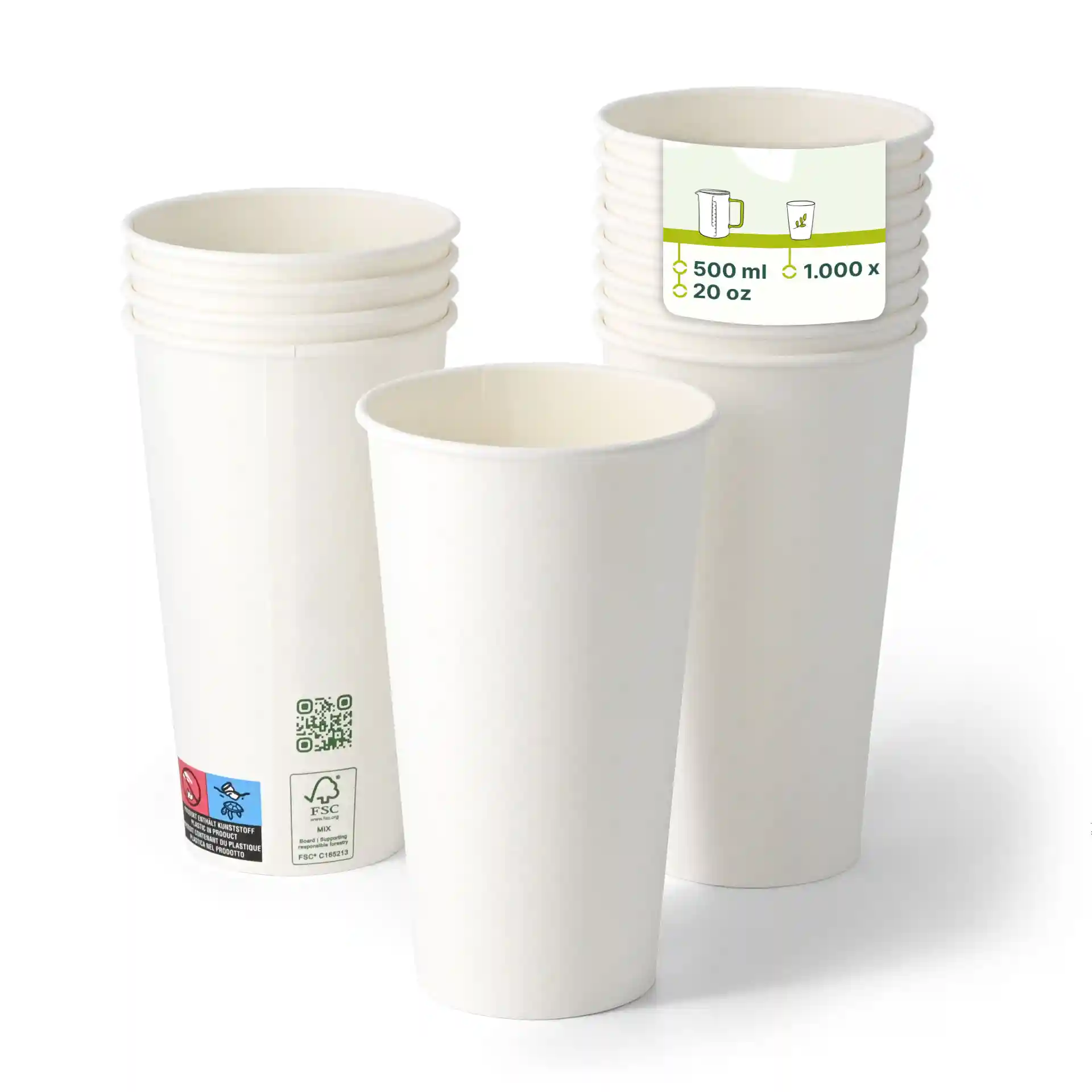 Pappbecher 500 ml / 20 oz, Ø 90 mm, einwandig, weiß, PLA-beschichtet