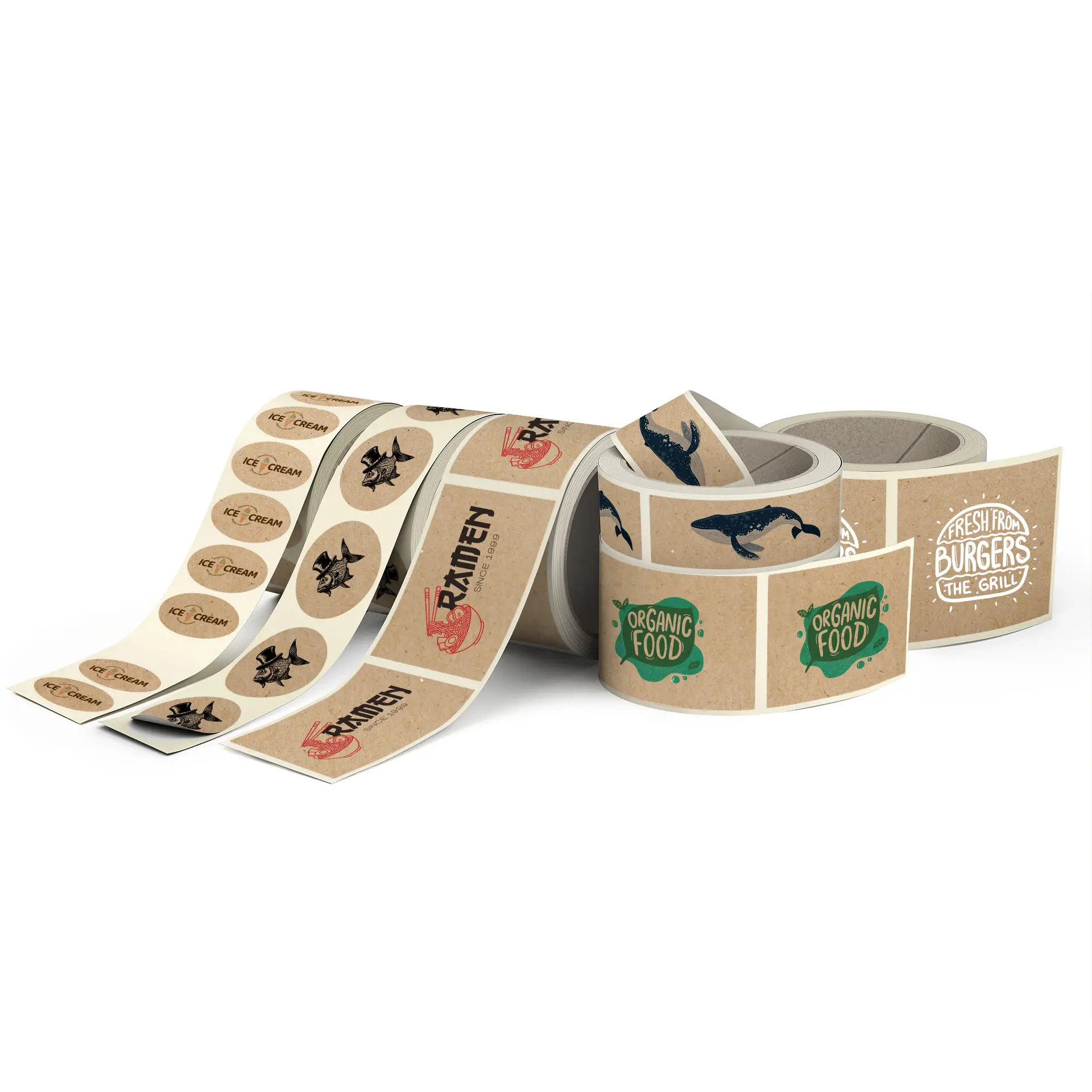 Custom printed label rolls featuring various designs on brown matte kraft paper, ideal for packaging and branding.