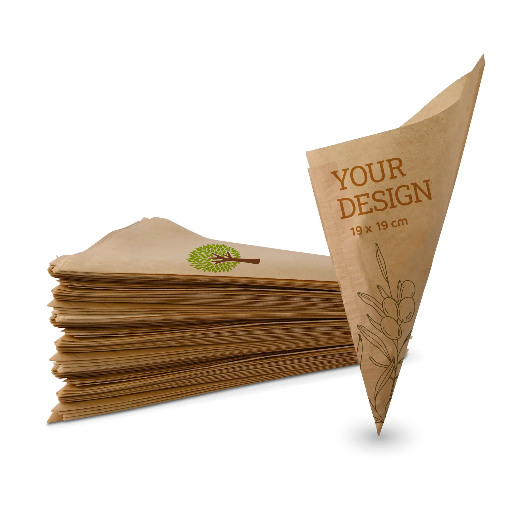 Custom printed paper cone bags for fries and snacks, 19 x 19 cm, featuring a design with foliage and a logo.