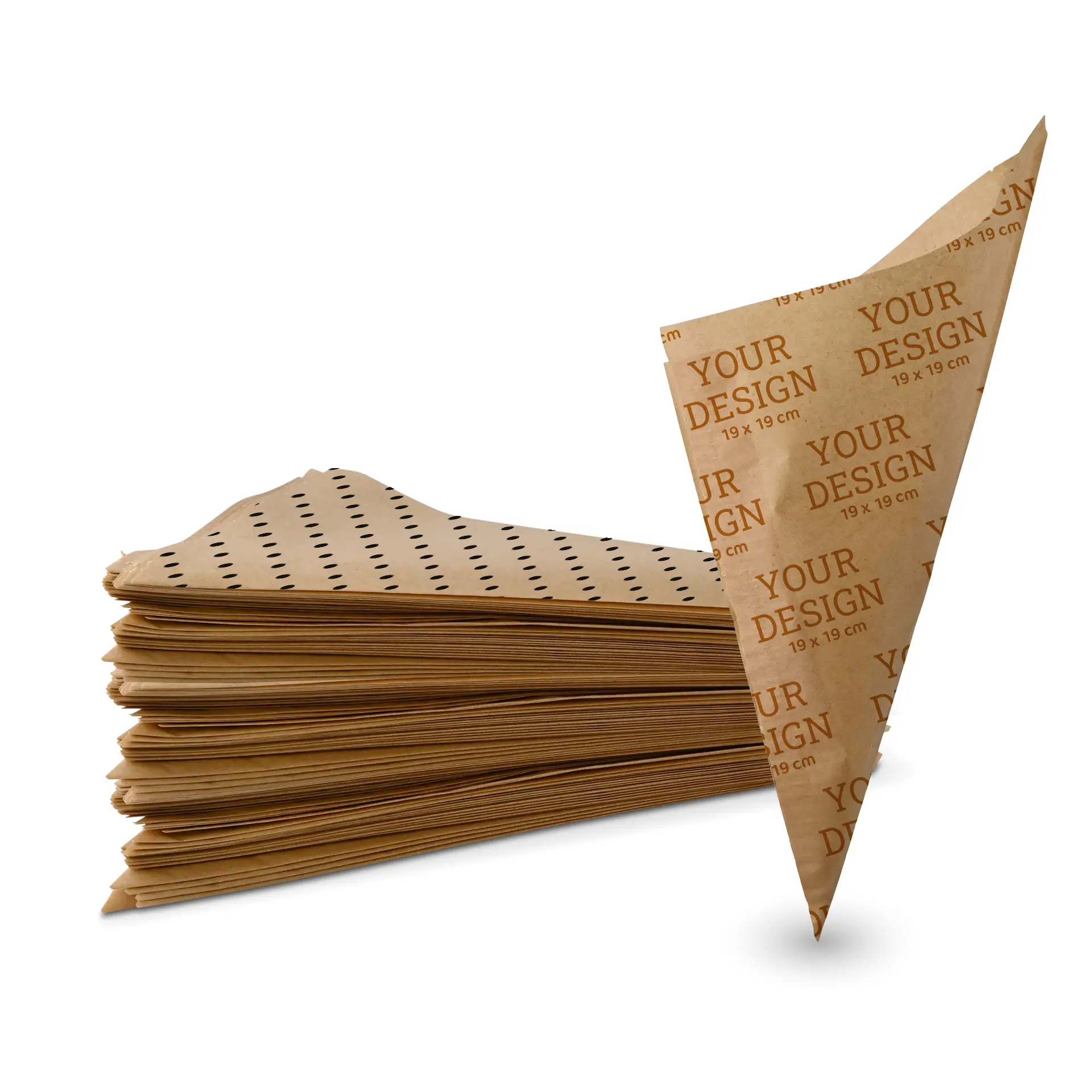 Custom printed paper cone bags for fries and snacks, 19 x 19 cm, featuring a design with foliage and a logo.