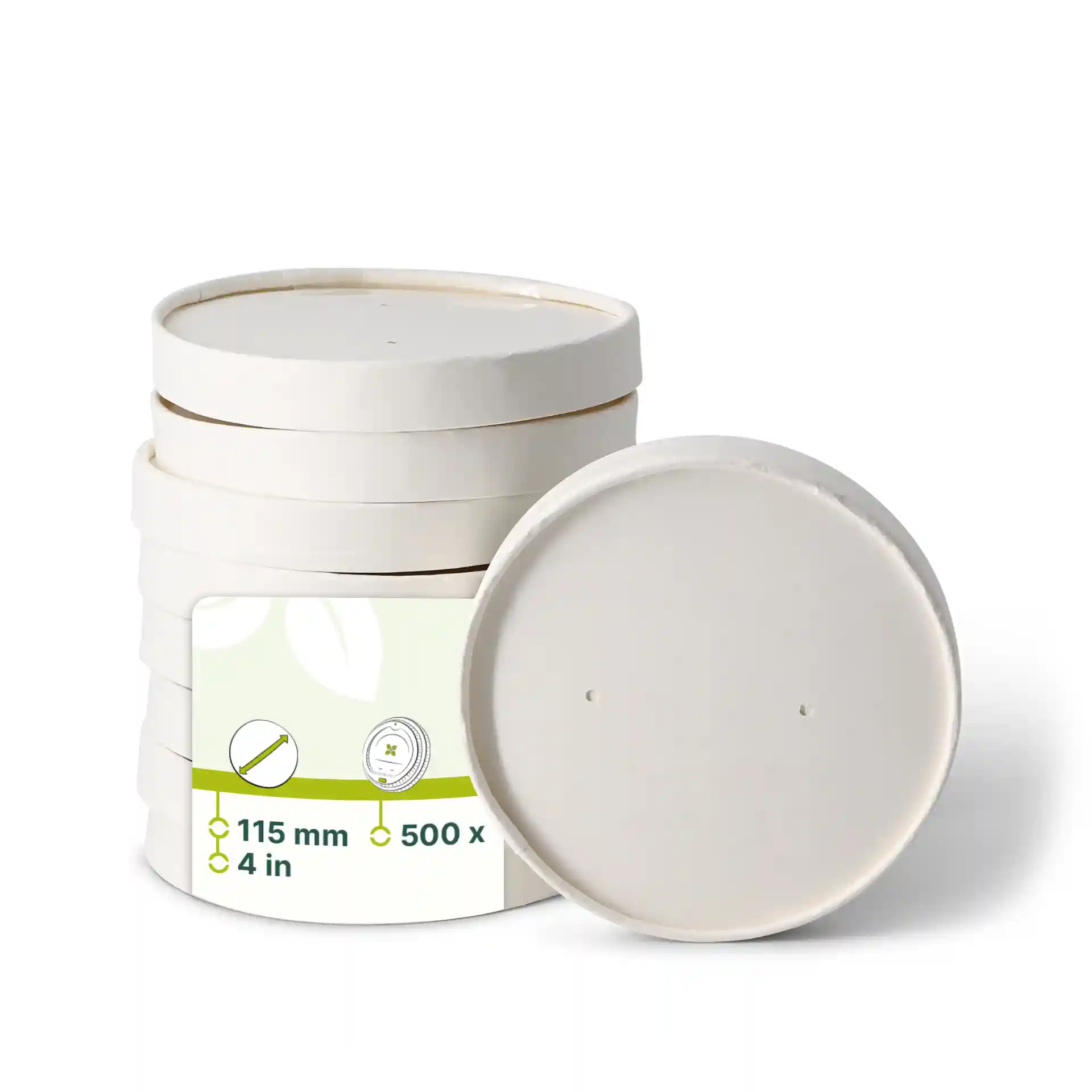 Round white cardboard lids with a diameter of 115 mm, stacked with a label showing product details.