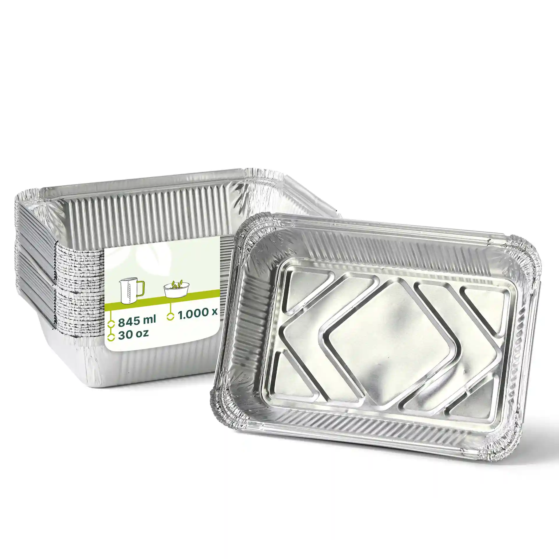 Rechteckige Aluminiumbehälter gestapelt, Maße 21,4 x 14,9 x 4,3 cm, mit einem Füllvolumen von 845 ml.