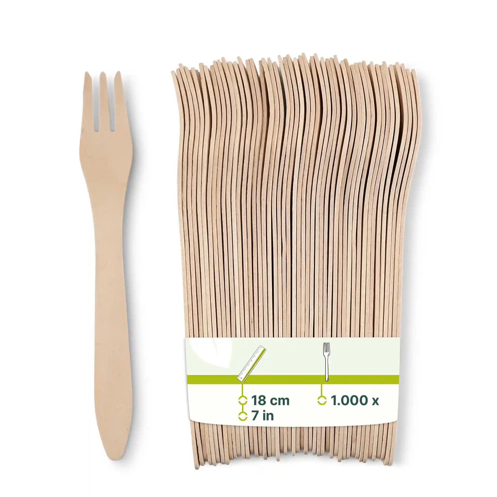Wooden forks in a bundle, 18 cm long, with a brown color and bio-coated finish, displayed beside a single fork.