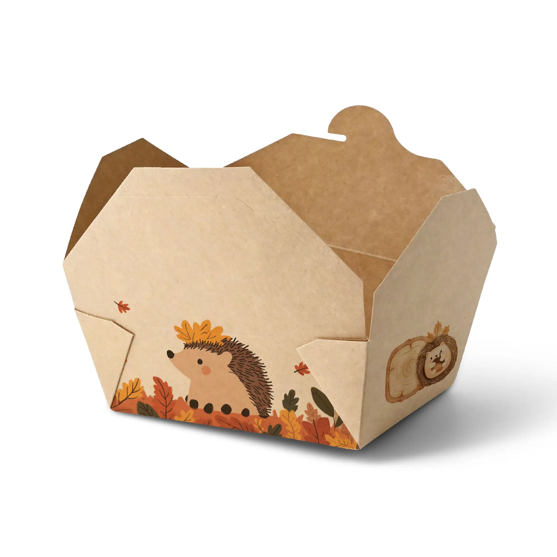 Individuell bedruckte Takeaway-Box mit Igel-Illustration und Herbstblättern, aus stabilem Karton gefertigt.