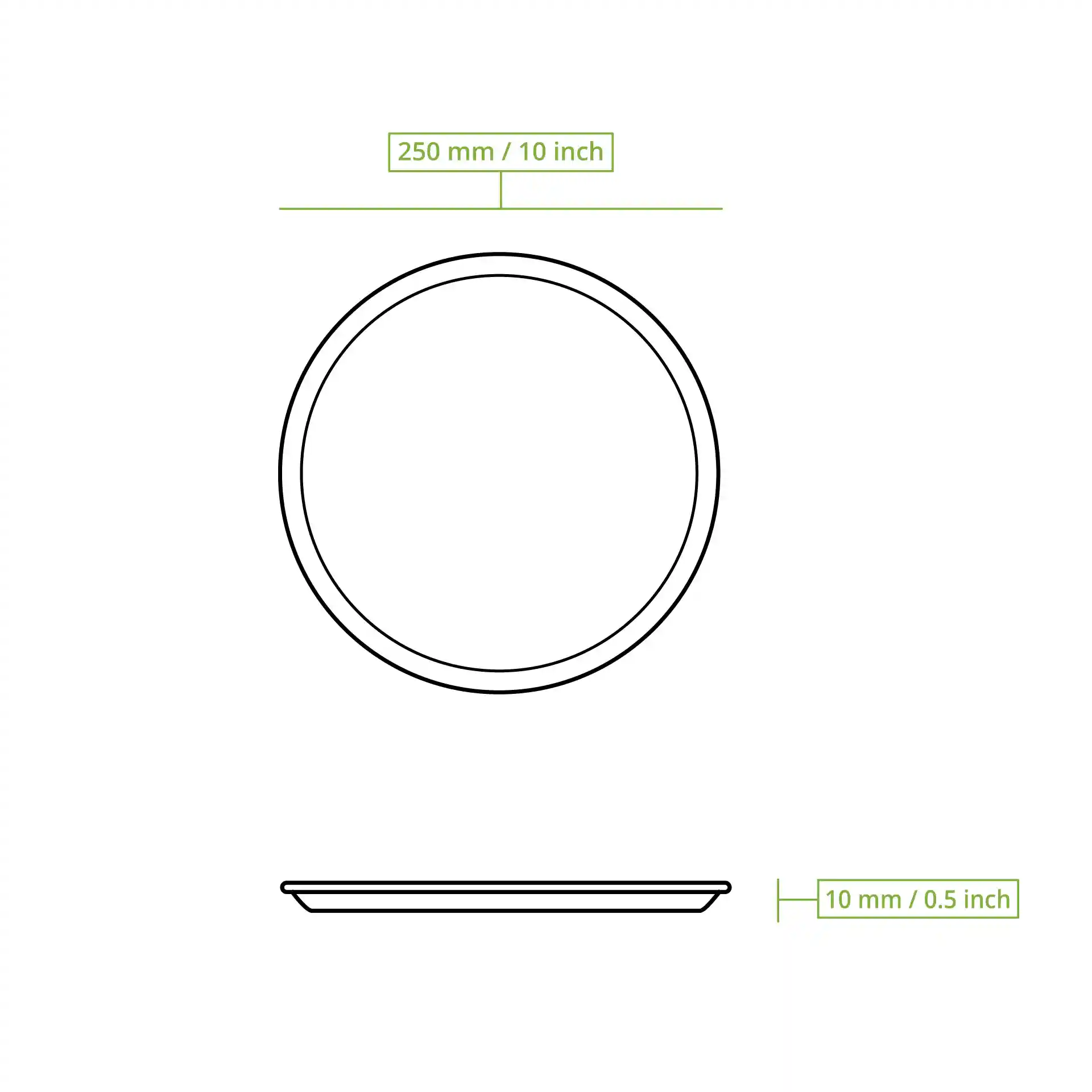 Schematic drawing of a round palm leaf pizza plate with a diameter of 250 mm and height of 10 mm.