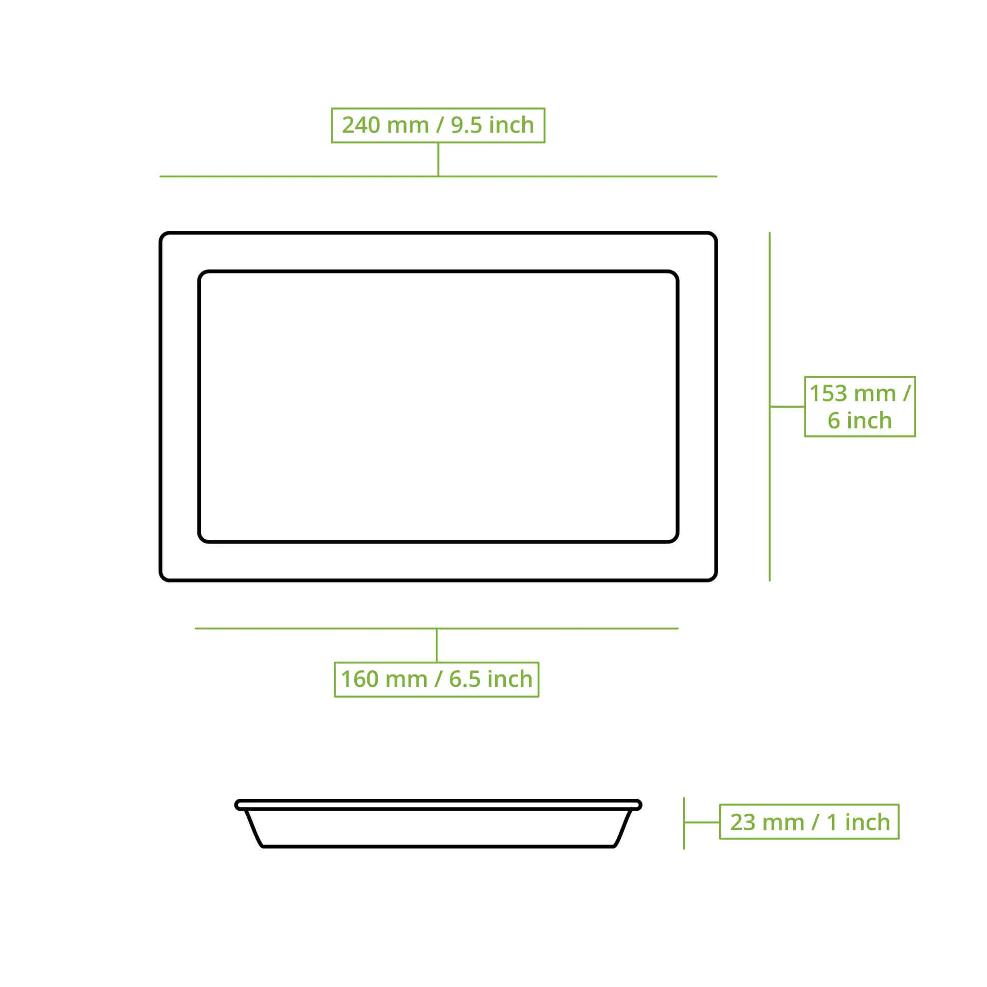 Schematic drawing of a flat rectangular palm leaf disposable plate with dimensions labeled: 240 mm x 153 mm x 23 mm.