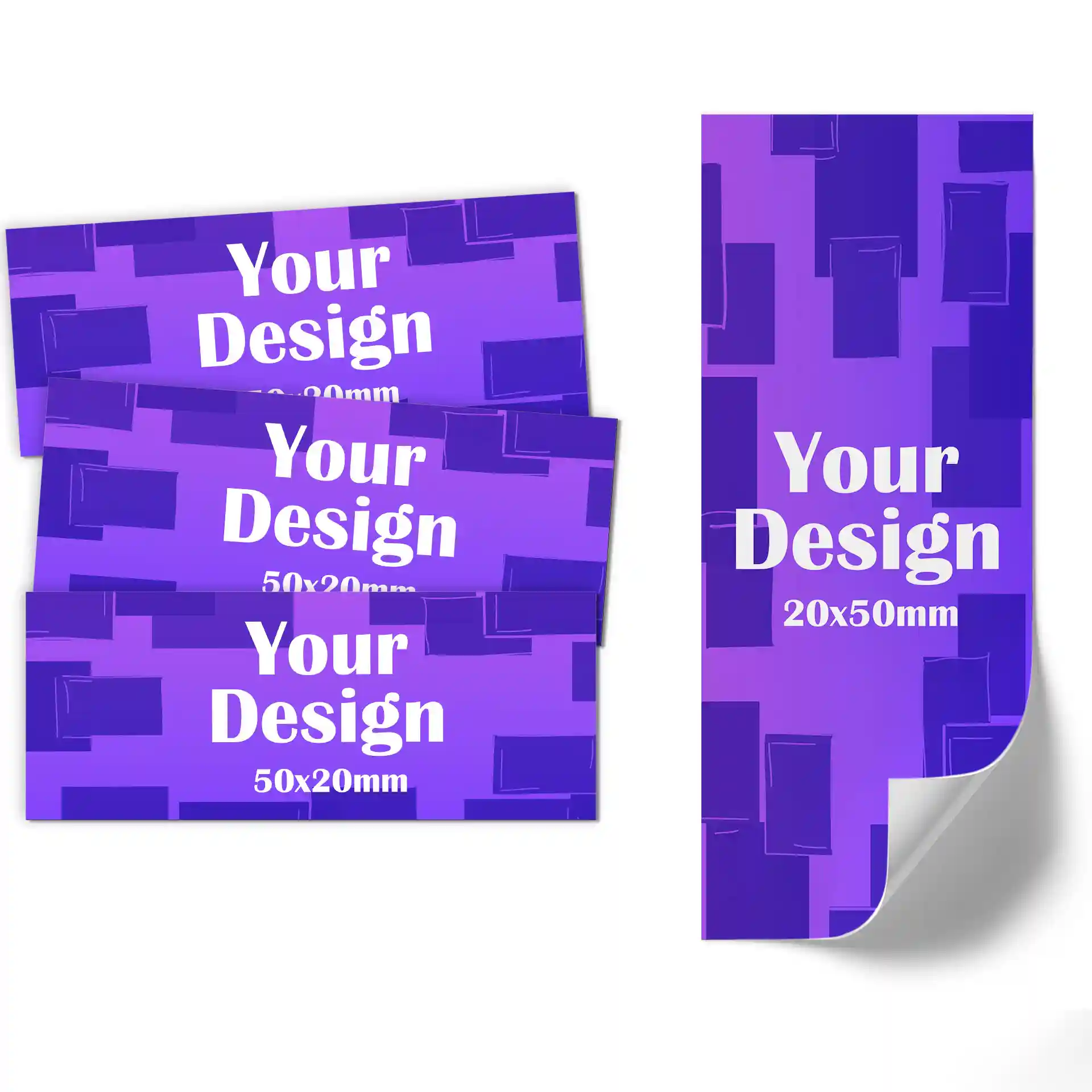 Image of multiple printed labels on a purple background, featuring a rectangular shape with dimensions 50x20 mm.