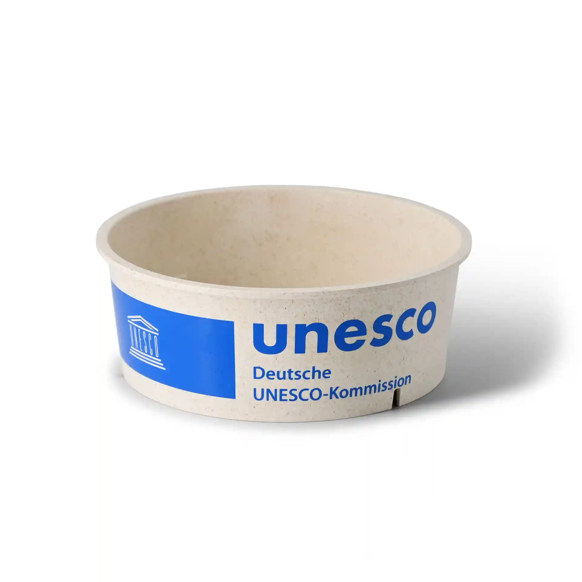 Round reusable bowl with a cream-white color and blue printed design, 1000 ml capacity.
