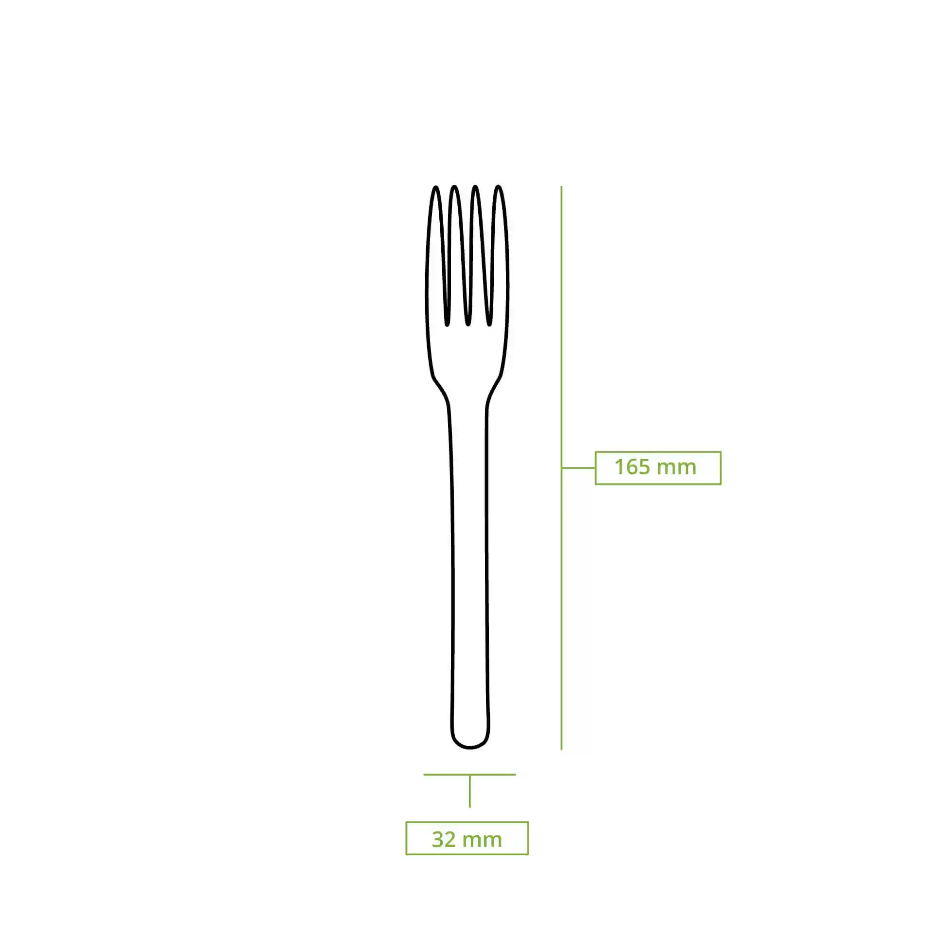 Schematic drawing of a paper fork, 165 mm long and 32 mm wide, with dimension lines on a plain background.