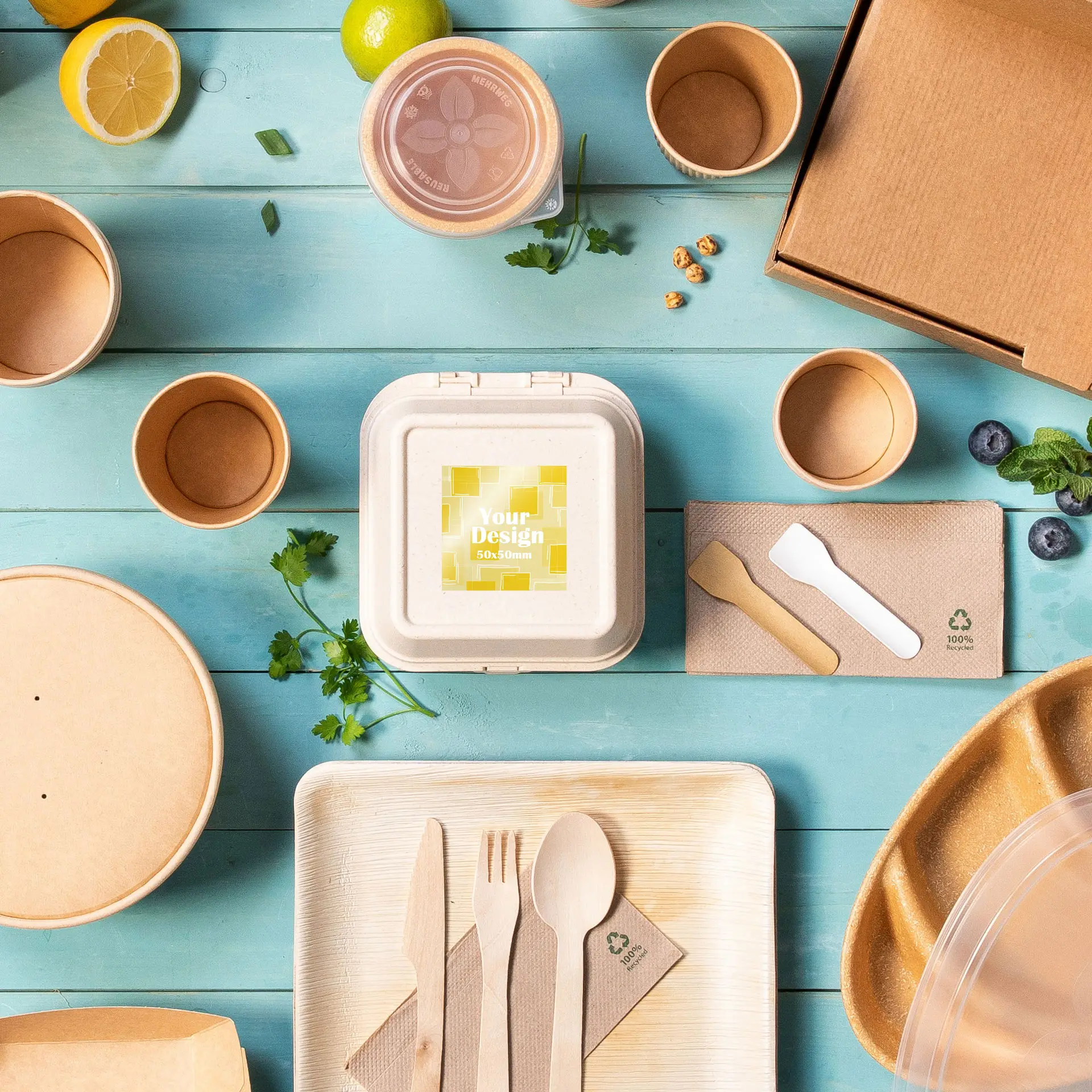 A square, white glossy printed label roll on a beige take-out container, surrounded by disposable packaging and utensils on a blue background.